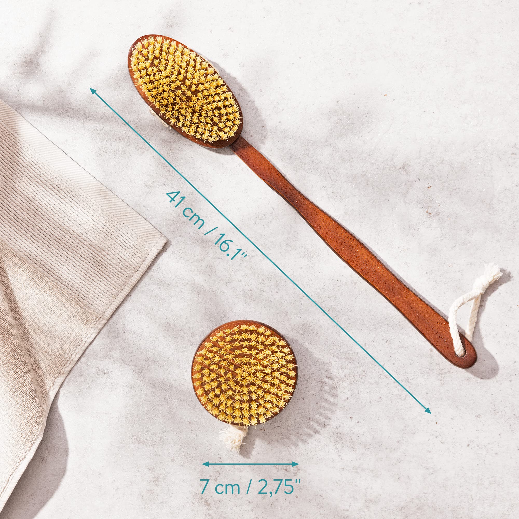 Navaris Körperbürste 2er Set - Trockenbürste für unreine, normale, sensible Haut - Holz Reinigungsbürste Massagebürste - Rückenbürste mit Stiel - Porentief reinigend, sanftes Peeling