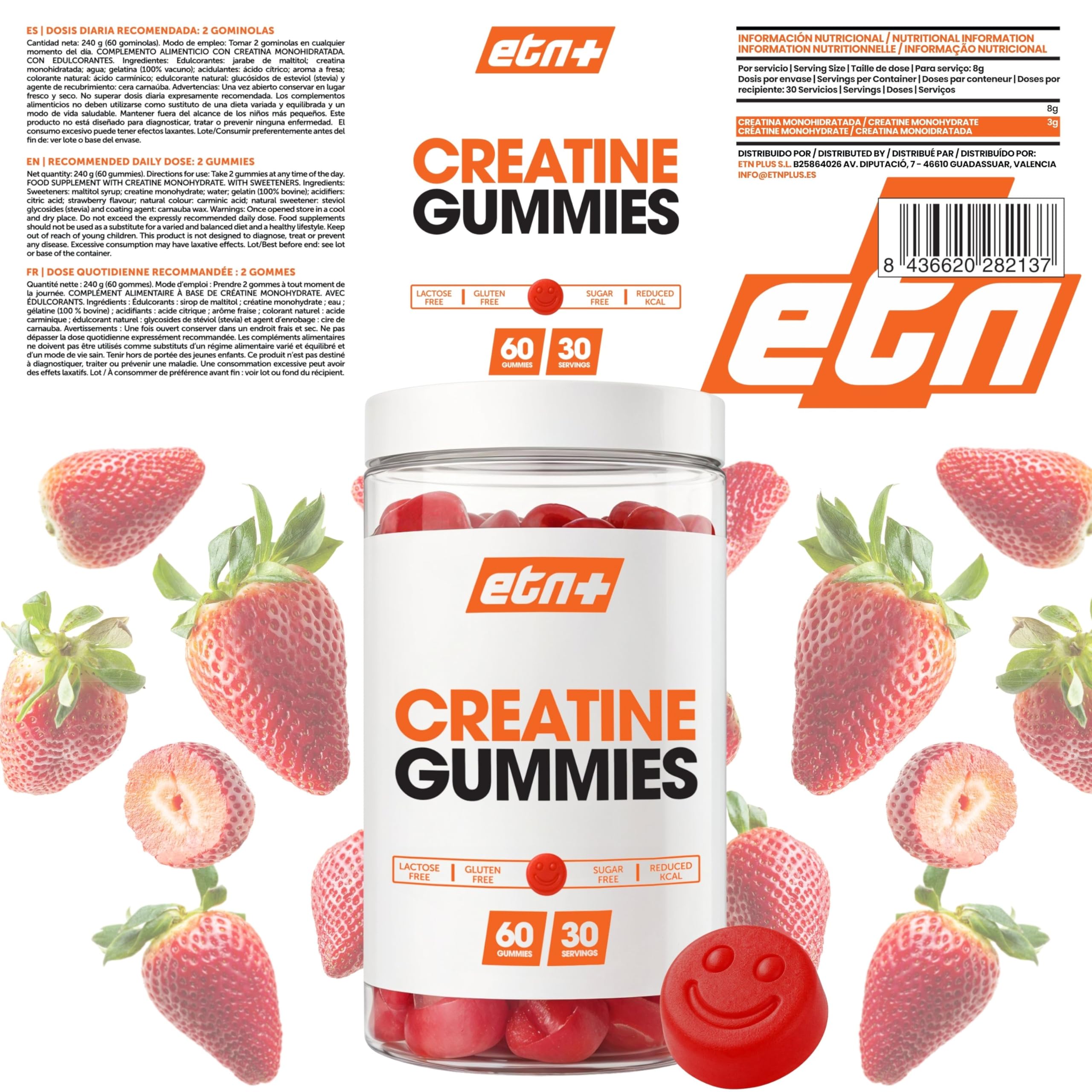 ETN+ Gominolas de Creatina Monohidratada 3000mg | 60 Gummies – 30 Servicios (para 1 mes) | Sin Azúcar, Sin Gluten | Alternativa Cómoda a la Creatina en Polvo | Ingredientes de Origen Natural | Fresa — view 8