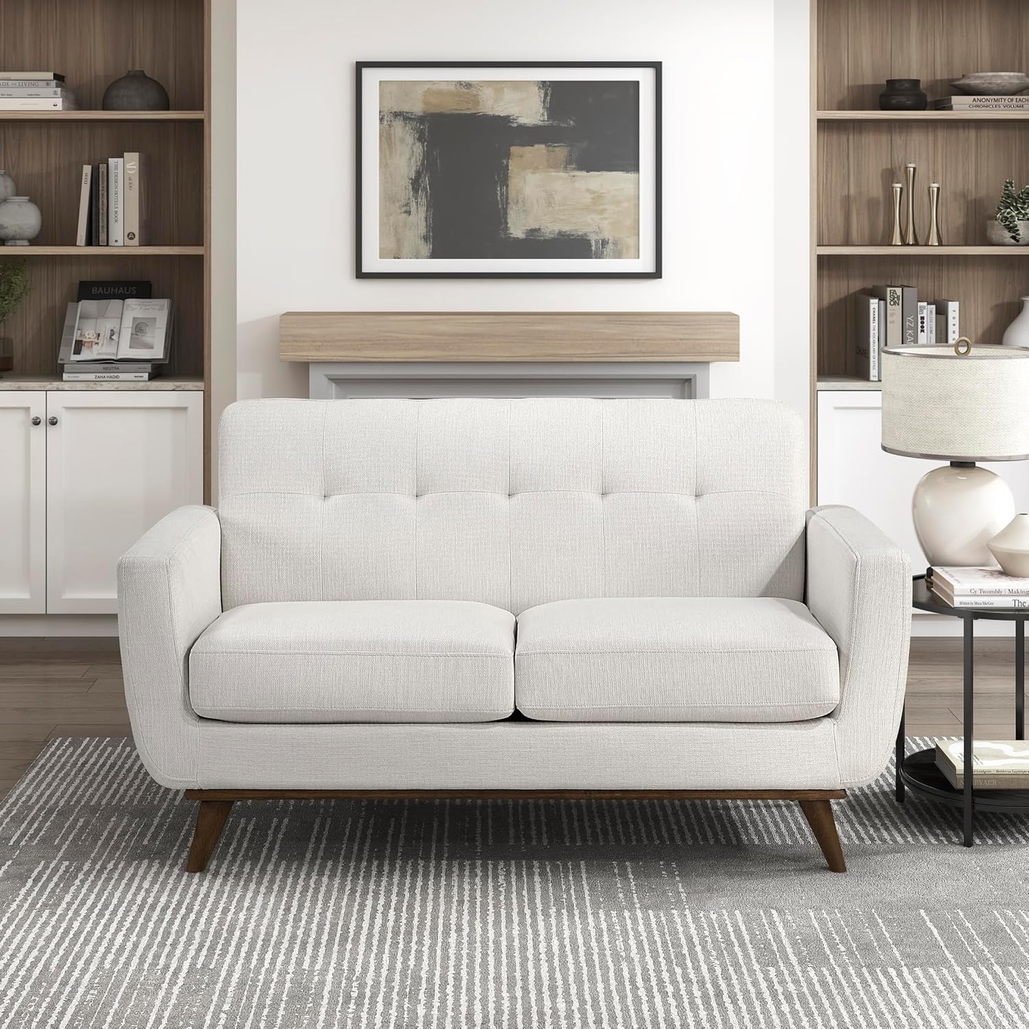 Lexicon Modern Accent Couch, Textured Fabric Upholstered Loveseat with Brown Wood Legs, Track Arms, Tufted Couch Back, 2 Seater Loveseat Sofa for Living Room/Office/Waiting Room, Beige