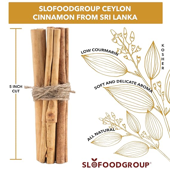 Slofoodgroup Ceylon Cinnamon Sticks - Pure Ceylon Cinnamon Quills 5 Inch Cut Cinnamon Spice from Sri Lanka, True Cinnamon - Cinnamomum Verum, 1 OZ.