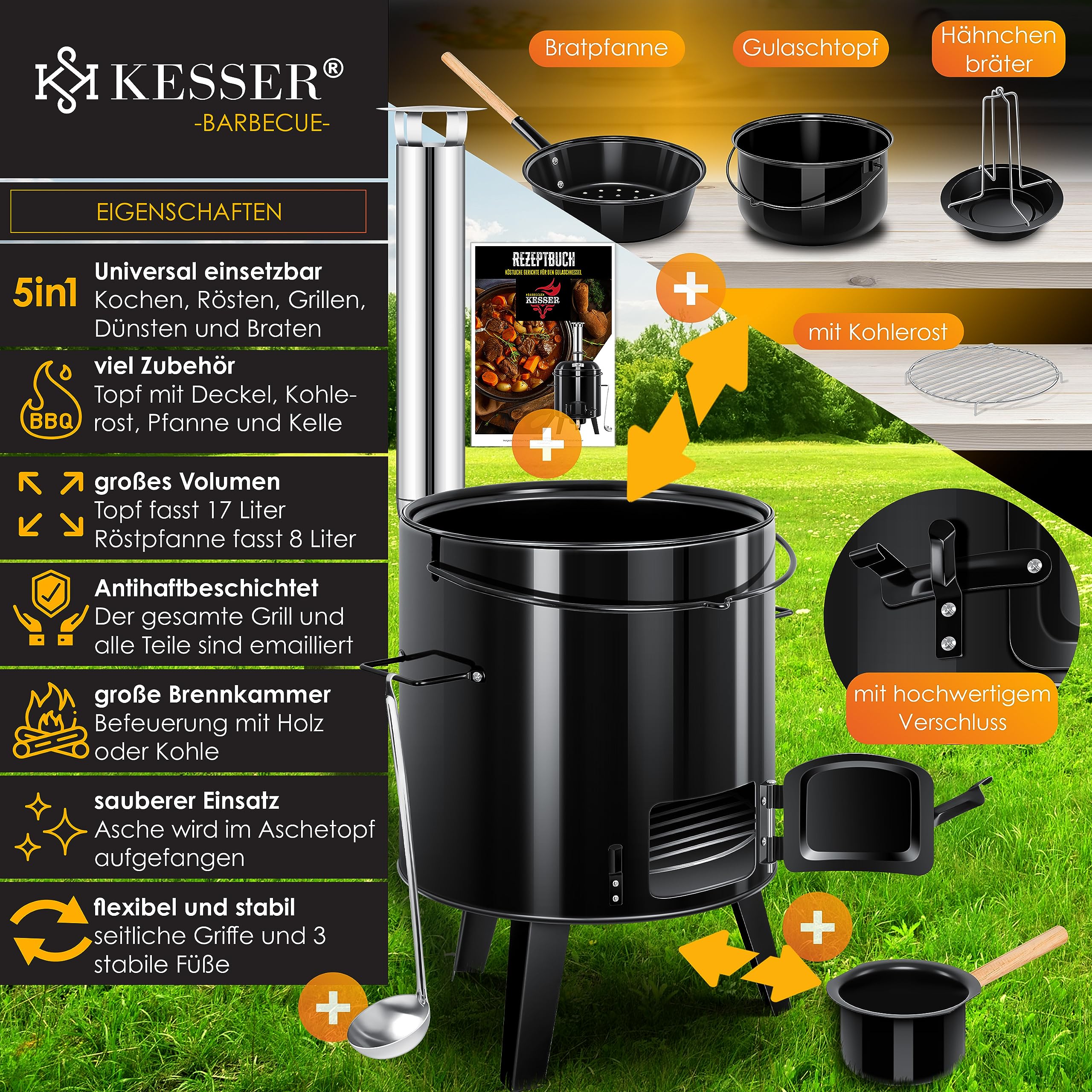 KESSER® Pentola per gulasch | Forno con Funzione Grill, griglia a Sfera + arrosto per Pollo 8 l Padella gulasch pentola 17 Litri Smaltata con Coperchio per la Cucina all'aperto