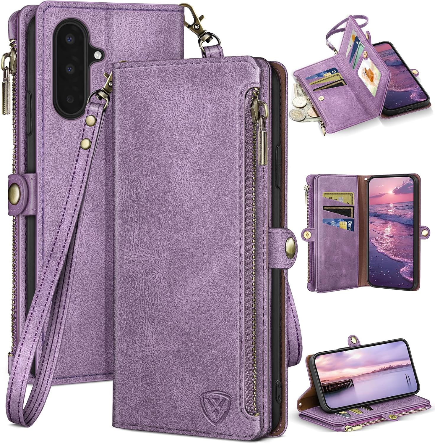 XcaseBar Compatible with ‌Samsung Galaxy A17 5G Wallet case with Zipper Credit Card Holder【RFID Blocking】,Flip Folio Book PU Phone case Shockproof Cover Women Men for Samsung A17 case Lilac Purple