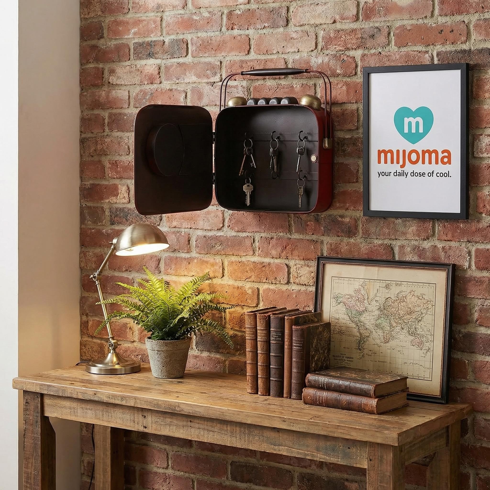 MIJOMA Schlüsselkasten Retro-Radio mit Uhr 28x29x7 cm – Metall für Wandmontage – dekorative Aufbewahrung im Vintage Stil für Flur Eingangsbereich