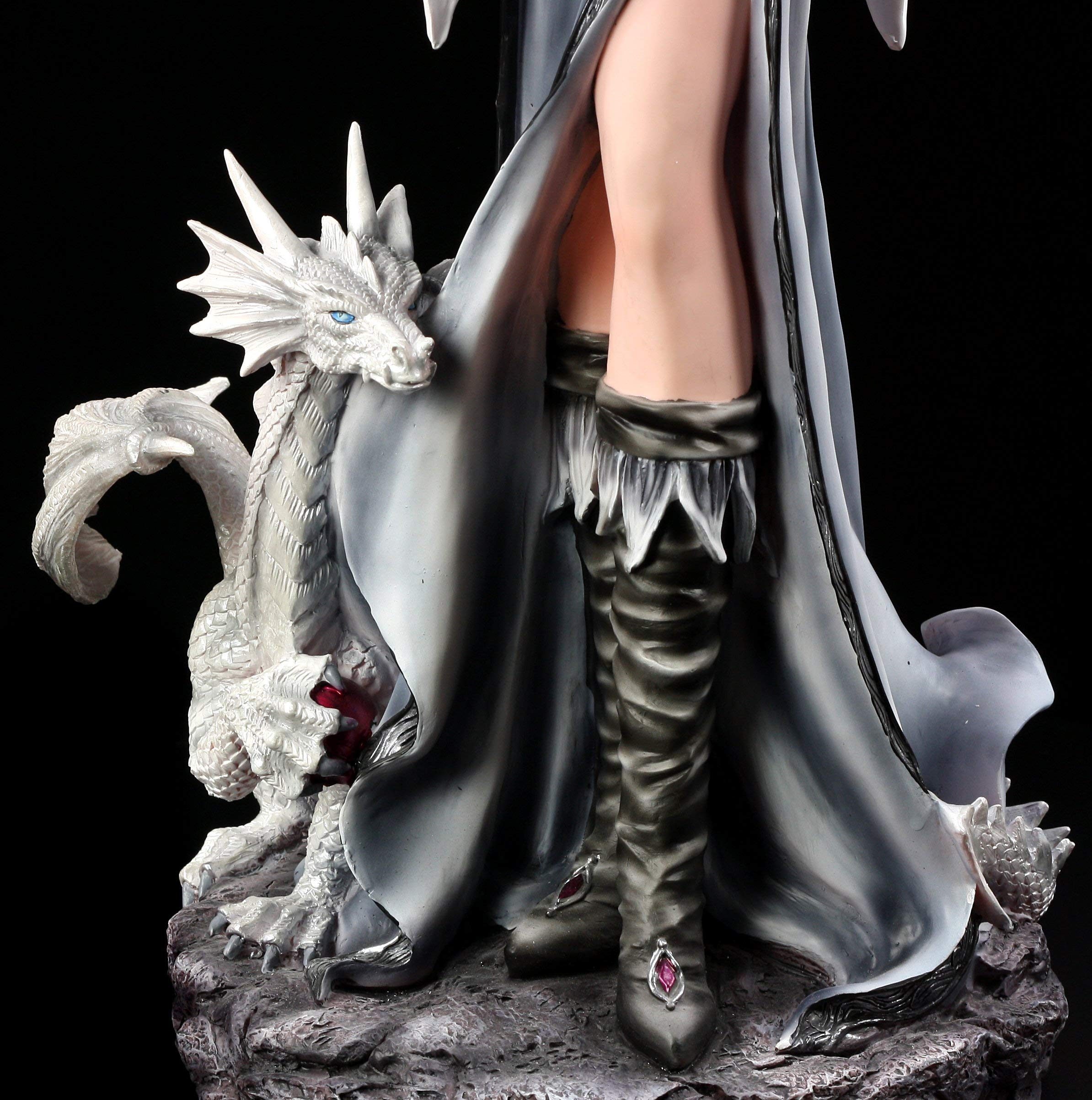 Gran Figura De Elfo Con Varita Mágica Y Dragón – 64 Cm – Piedra Artificial Pintada A Mano – Decoración Fantasía
