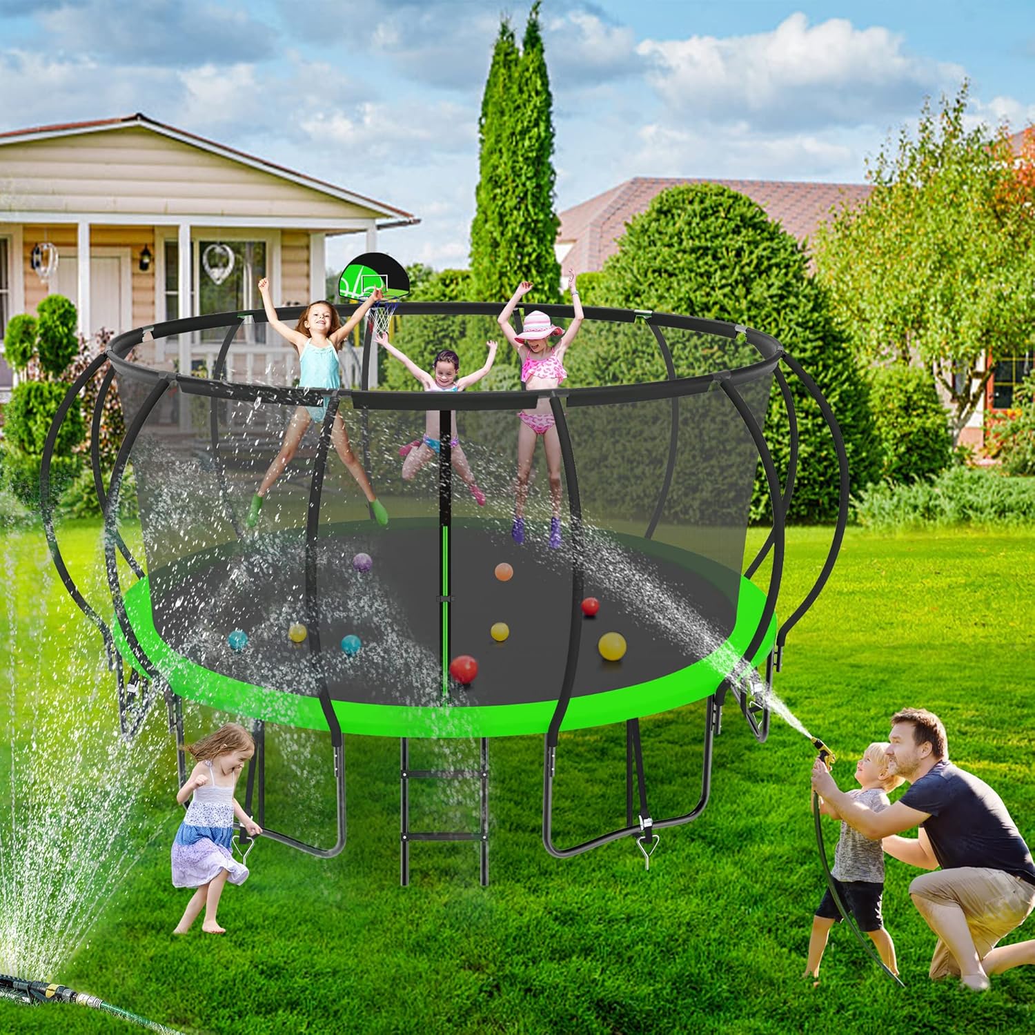 Kacho Trampoline Outdoor with Basketball Hoop 16 15 14 12 10 8FT [1800LBS & Anti-Rust Coating & Easy to Install] Recreational Trampolines for Kids & Adults, Family Backyard Fun