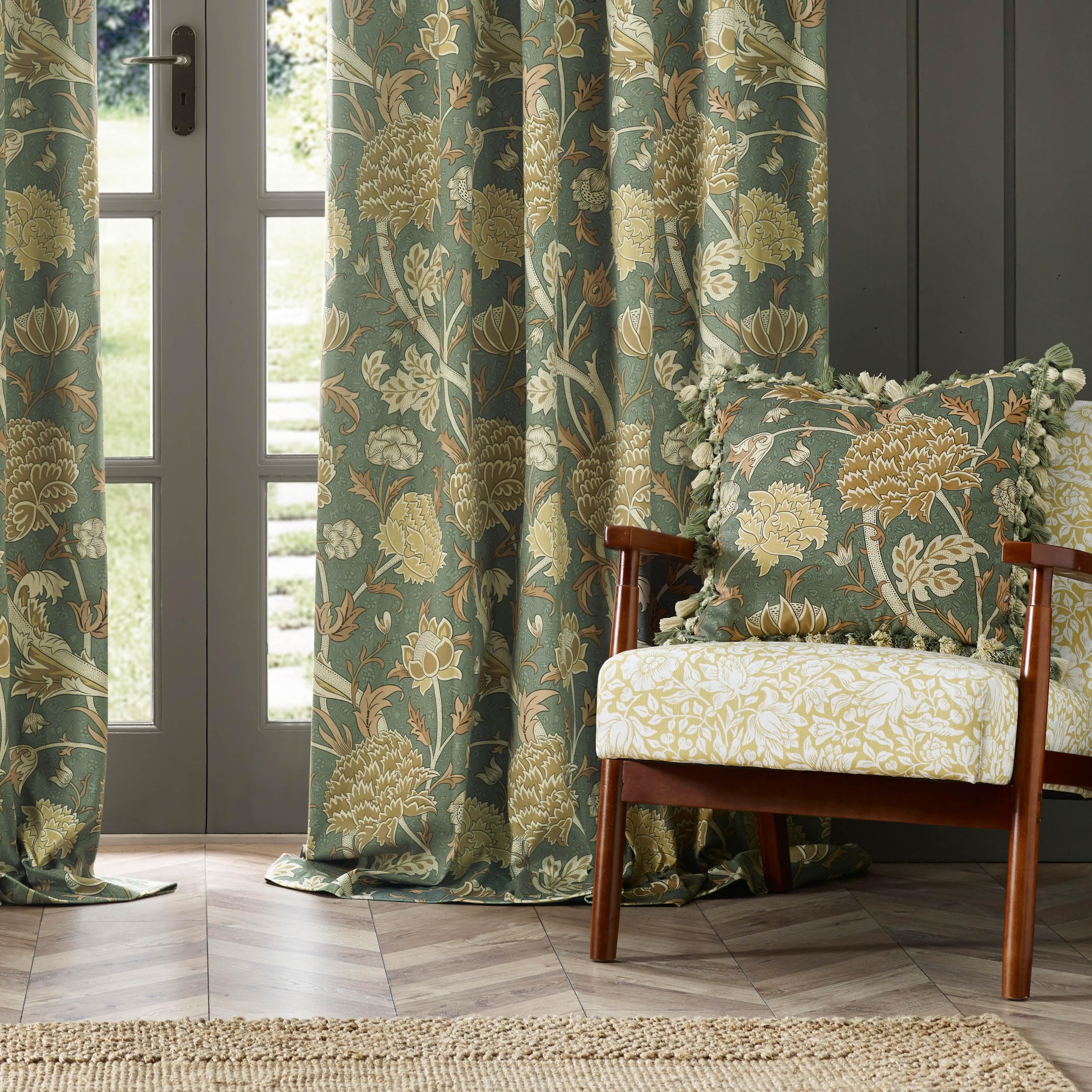 Morris&Co. Cray Pencil Pleat Curtain Pair - Lined Velvet Floral River-Inspired Drapes (Sage/Sunflower - 117x183cm) - Image 4