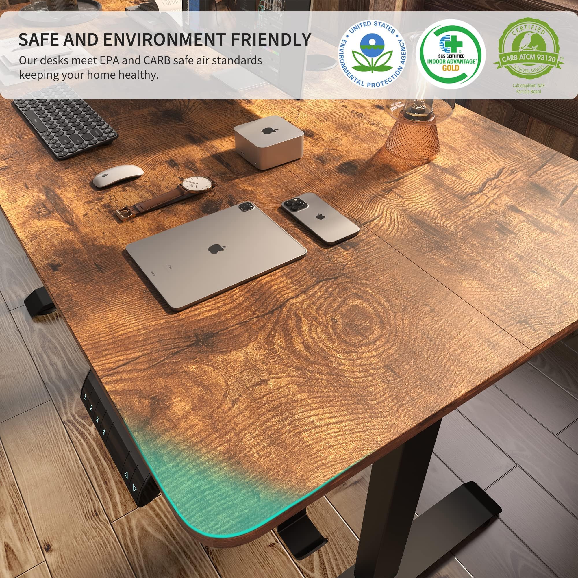 Escritorio eléctrico de pie ajustable en altura, 48 x 24 pulgadas, ergonómico para oficina en casa, escritorio para sentarse o ponerse de pie (marco de acero negro, parte superior marrón 6