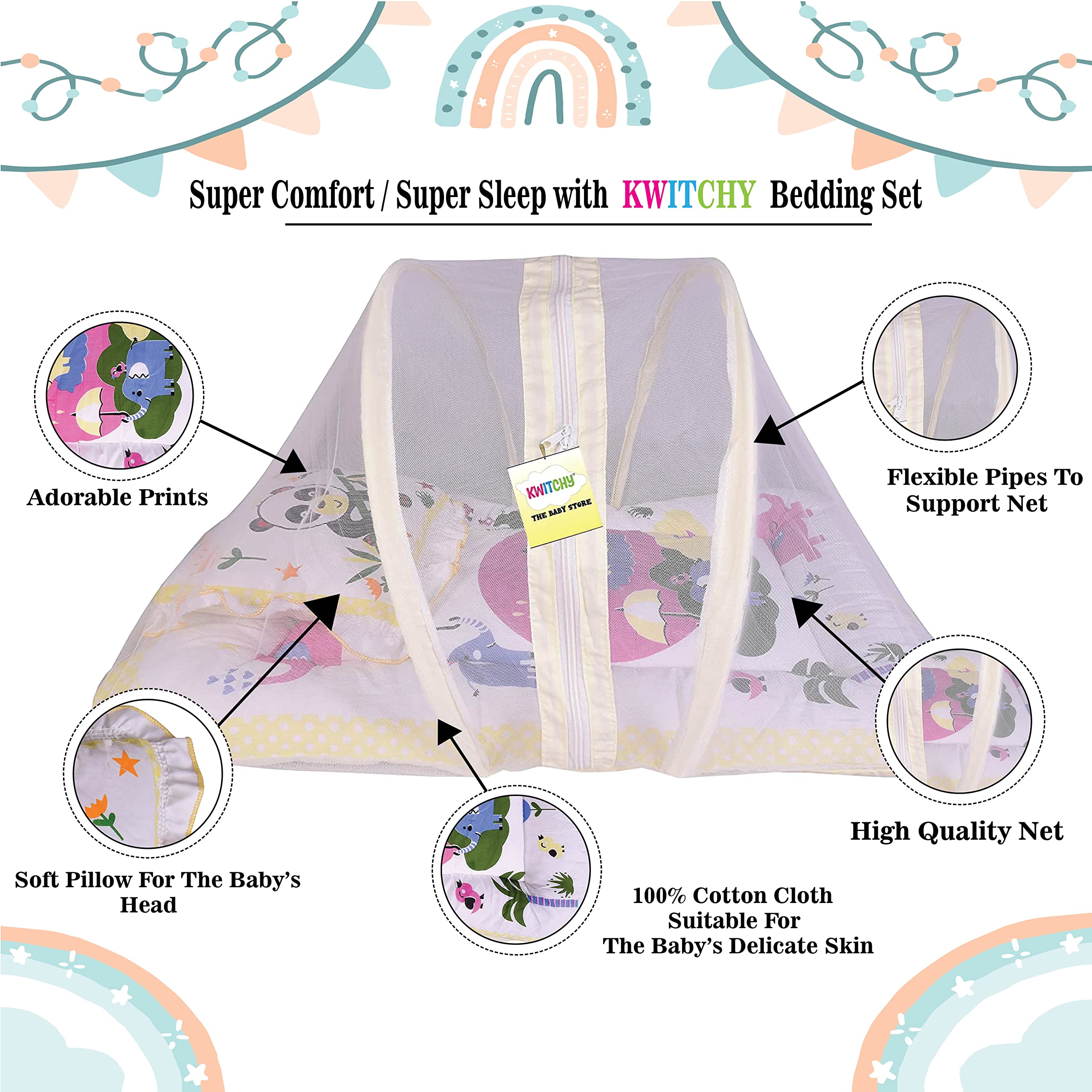 Kwitchy Baby Bed with Mosquito Net New Born Baby Bedding Set | Folding Bed | Toddler Mattress | Cotton | Gadda Set | Travel Beds | Boys & Girls | Gift Pack (0-6 M) (Yellow) 4