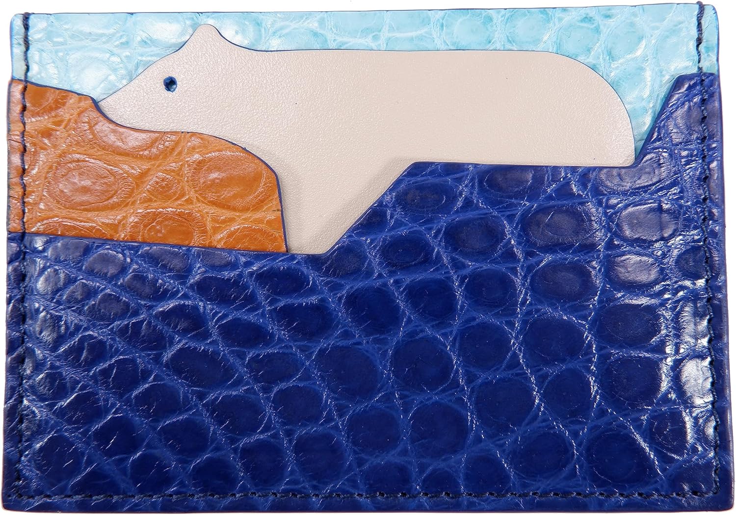 Pelgio Genuine Crocodile Skin Leather Slim Business Credit Card Holder Sleeve with Polar Bear Design (Cobalt Blue)
