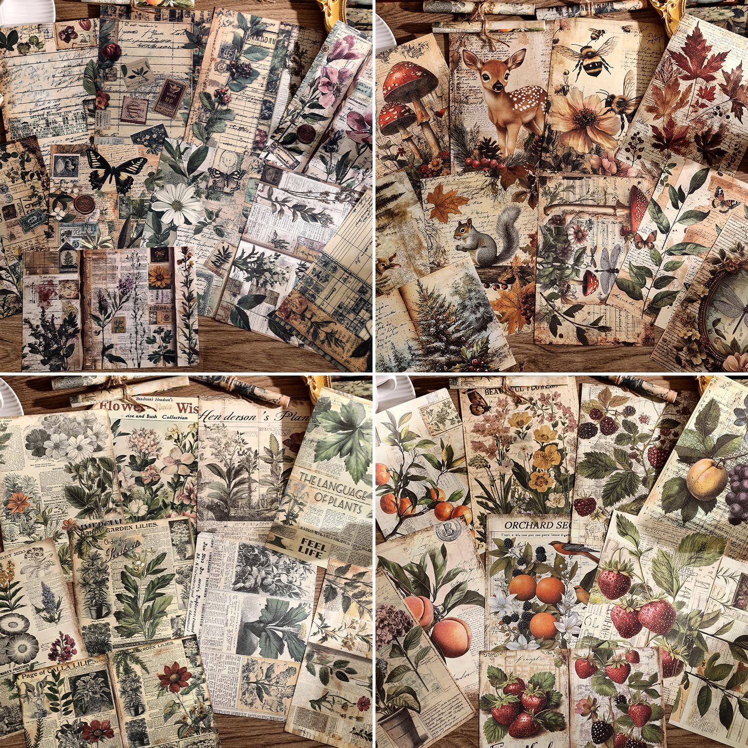 Zestaw 120 arkuszy papieru w stylu vintage, botaniczny album do scrapbookingu, artykuły do scrapbookingu, rękodzieło, zestaw papierów do decoupage, 4 motywy x 30 cm, kwiatowy wzór z grzybami