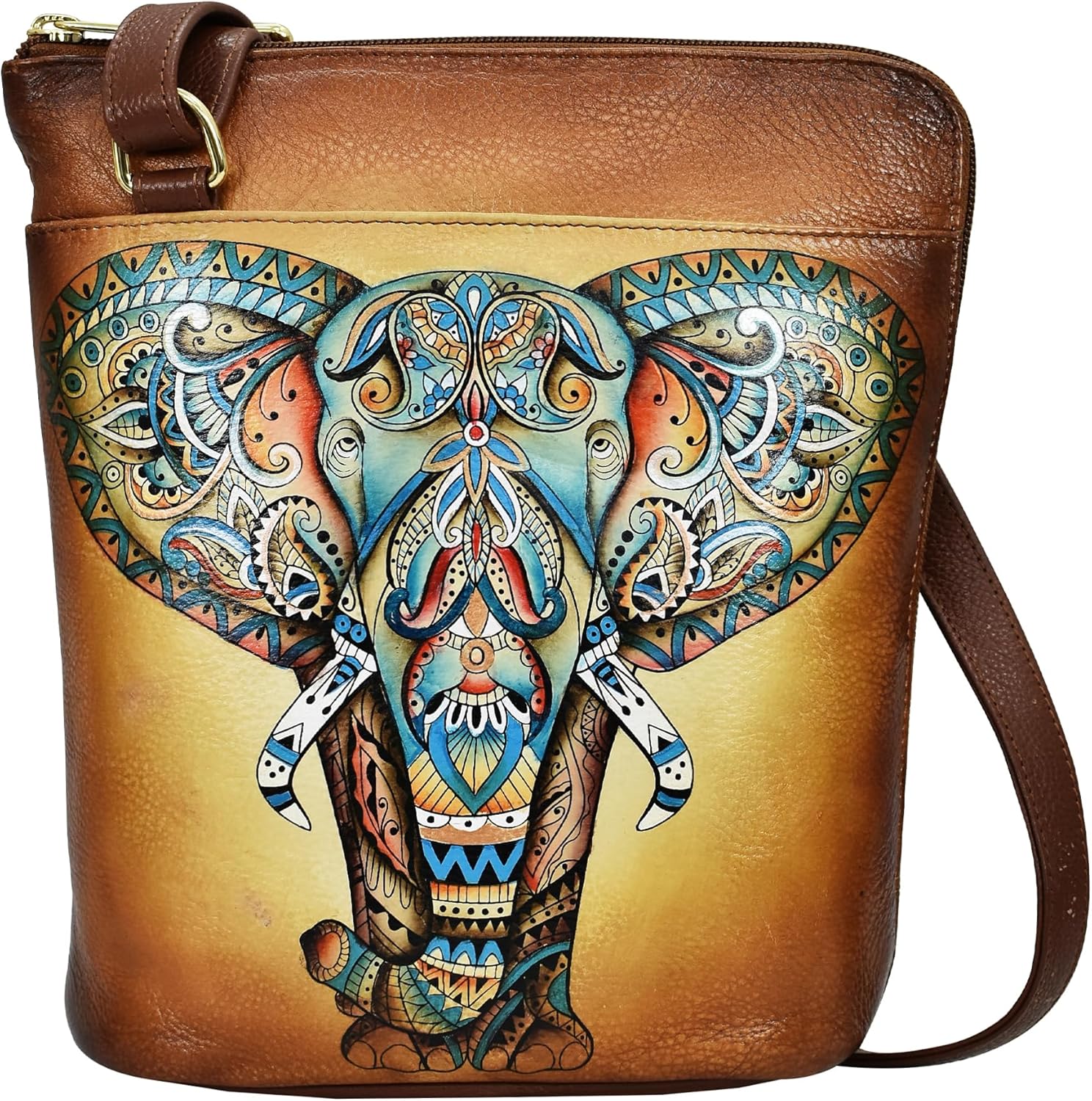 Anuschka Women’s Hand-Painted Genuine Leather Organizer Crossbody with Extended Side Zipper - Elephant Mandala