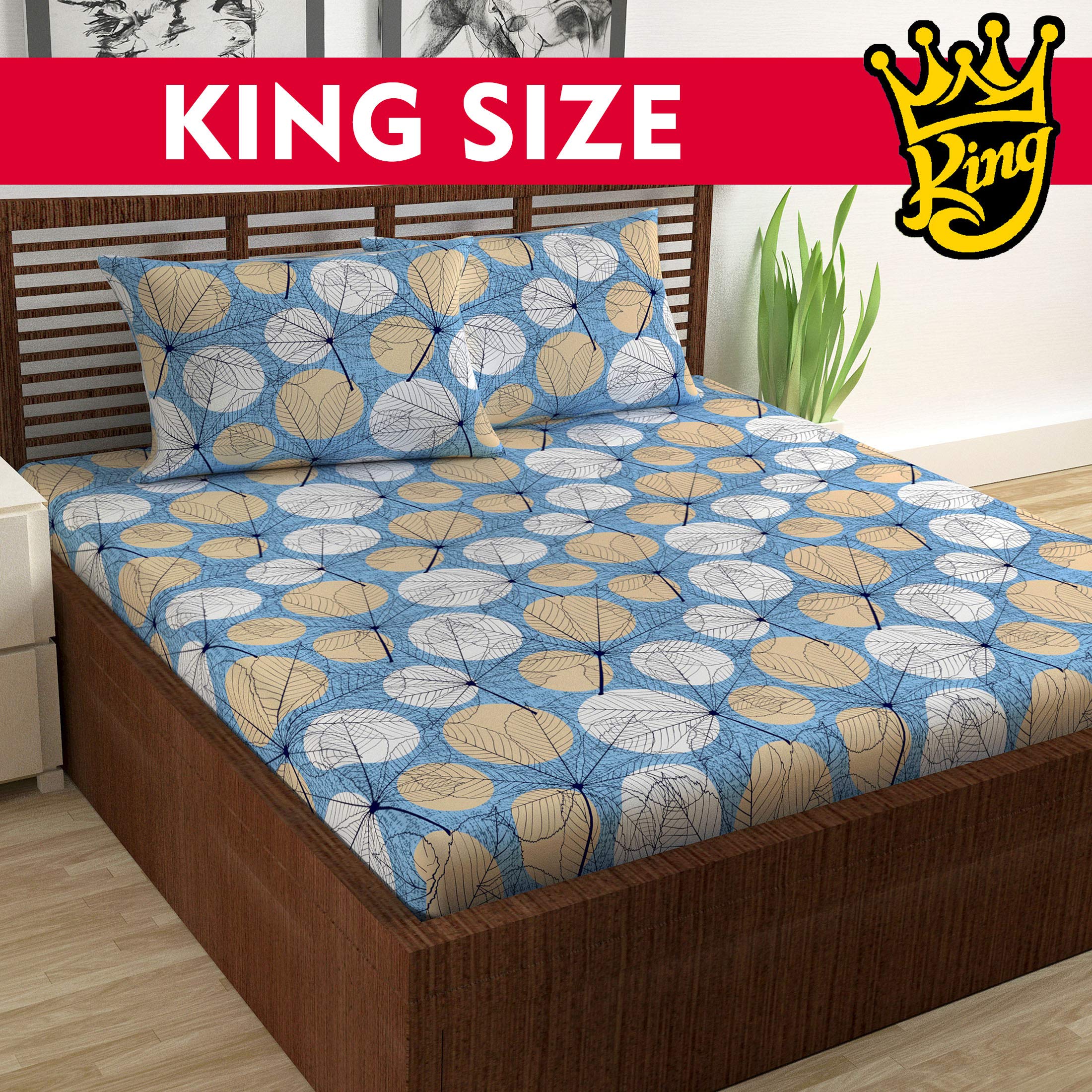 Divine Casa Cotton 144 TC Floral King Bedsheet with 2 Pillow Covers, Pack of 1 - Blue and Beige