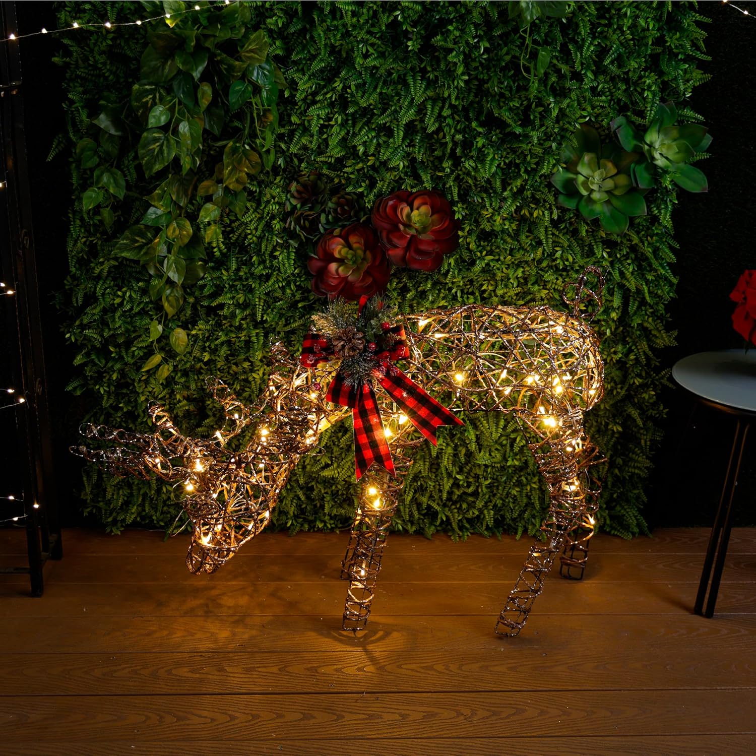 Alpine Corporation Rattan Grazing Reindeer with Bow and LED Lights Décor