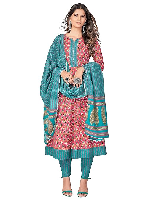 Women's Floral Print & Embroidered Straight Cotton Peach Kurta Pant With Dupatta (VF-KU-1036-SKD-46)