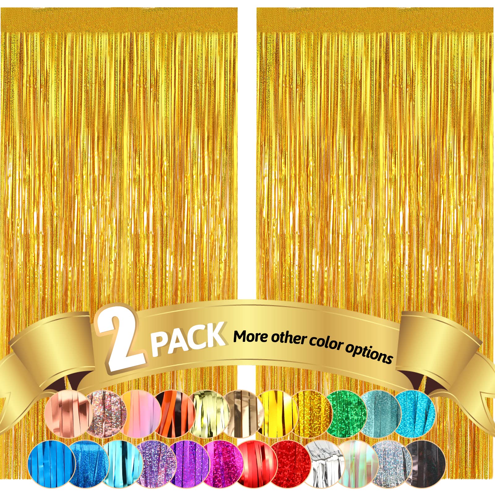 2pcs 3.3ft x 8.2ft Laser Gold Tinsel Foil Fringe Curtains Streamers Backdrop for Birthday Graduation Wedding Engagement Bridal Shower Bachelorette Holiday Gold Party Decorations