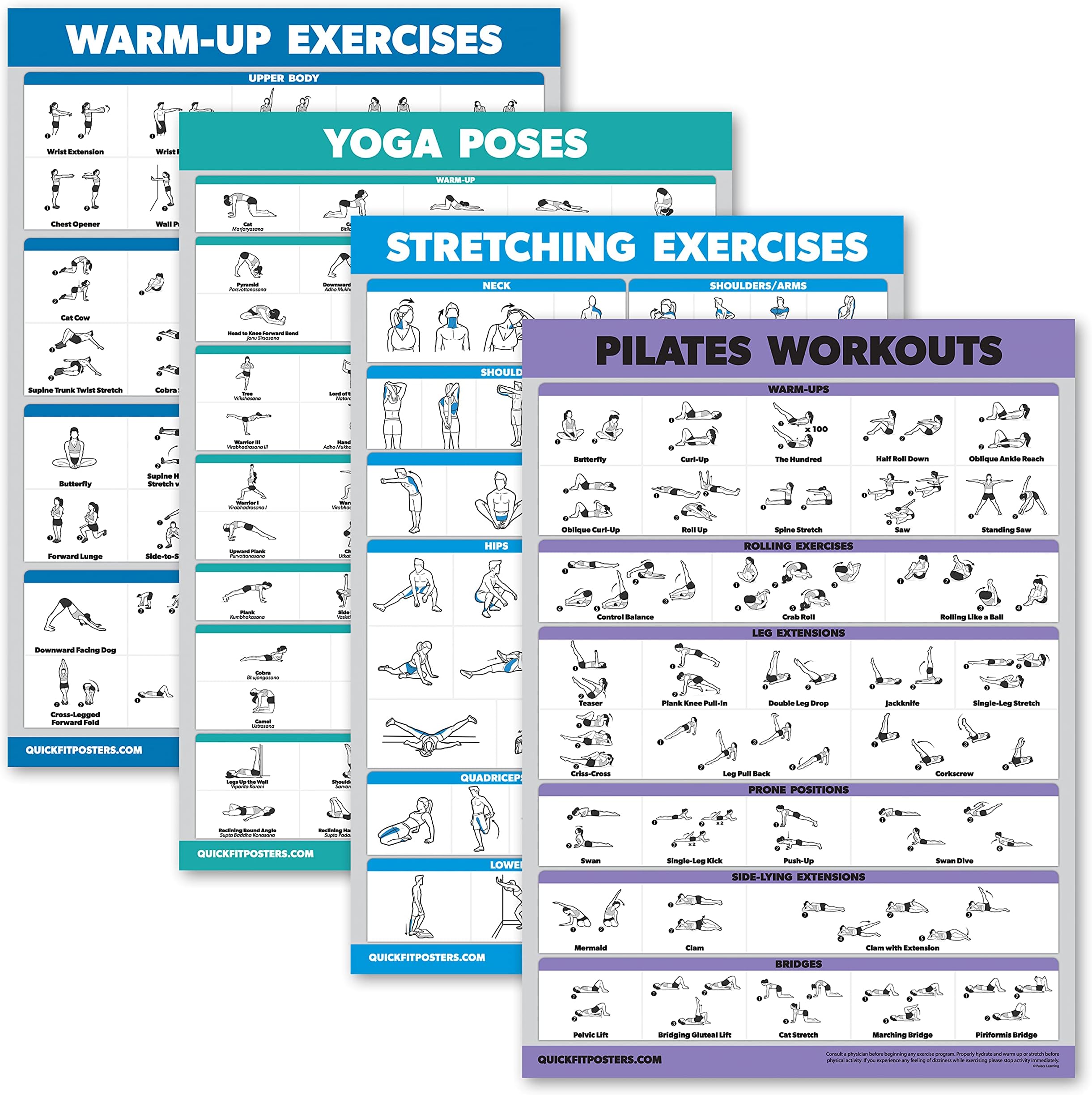 4 Pack - Warm Up & Yoga Workouts + Stretching & Pilates Exercises - Set of 4 Laminated Charts (18" x 24")