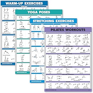 Palace Learning 4 Pack - Warm Up Exercises + Yoga Workouts + Stretching Exercises + Pilates Exercises - Set of 4 Workout Charts (LAMINATED, 18” x 24”)