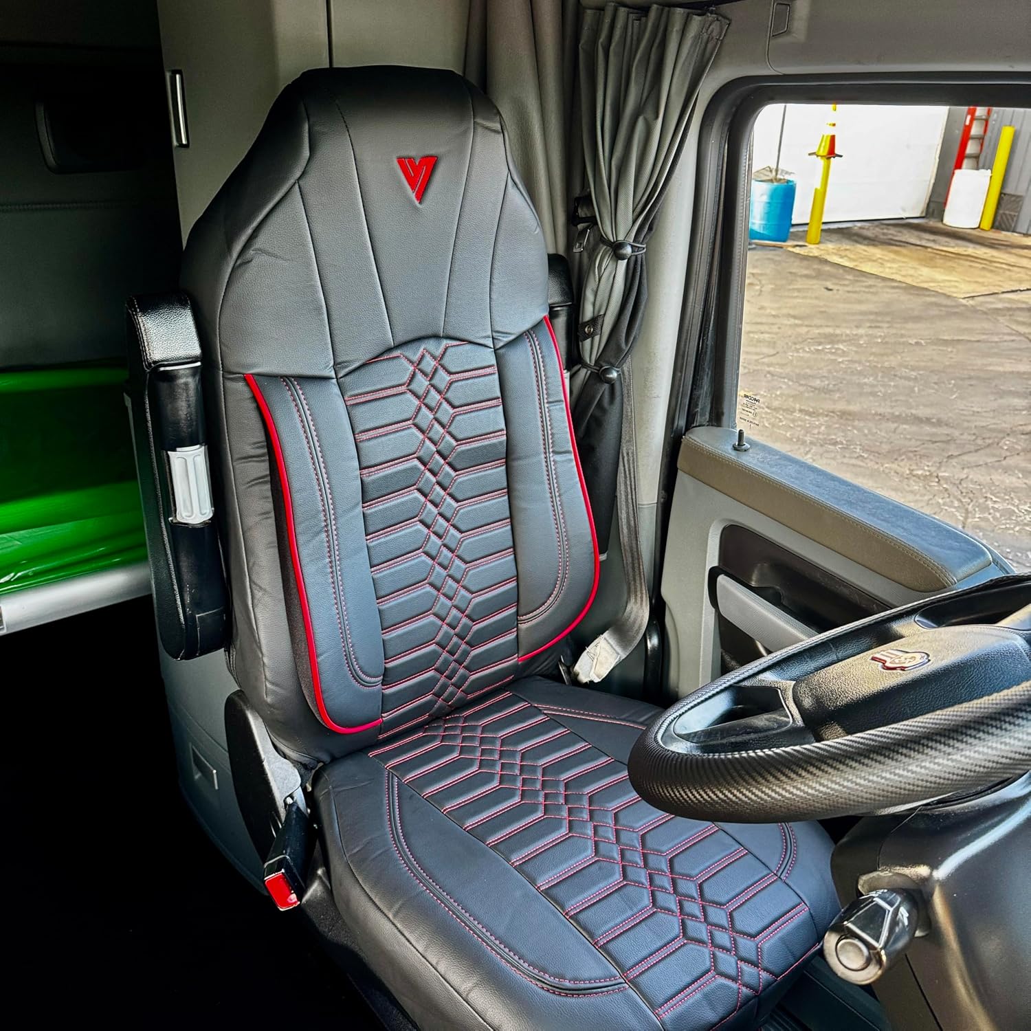 Seat Cover – Compatible with Kenworth T680, T880 & W990 OEM Stock Seats – Black Faux Leather with Red Center Panel, Custom Fit, Durable, Easy Installation, Truck Interior Protection (Black/red)