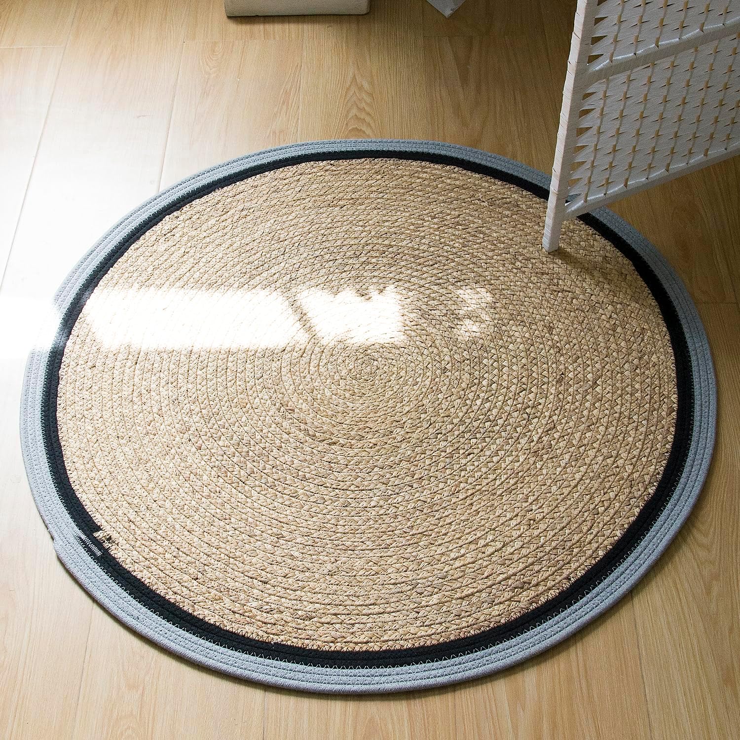 Furnnylane Handwoven 4 ft Round Natural Rug - Blue Cotton & Water Hyacinth Blend, Chemical-Free Boho Area Rug for Small Spaces, Durable, Low-Maintenance Mat for Bedroom, Living Room Corner or Entryway