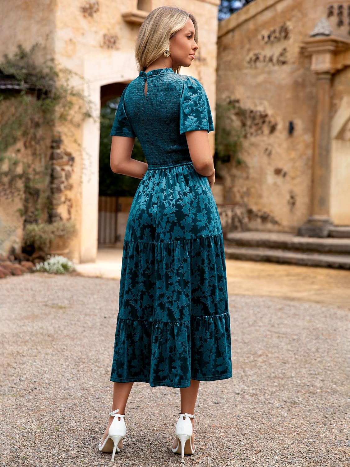 Simplee Velvet Dress for Women Semi Formal Short Sleeve Floral Smocked Empire Waist Fall Winter Wedding Guest Dresses - Image 4