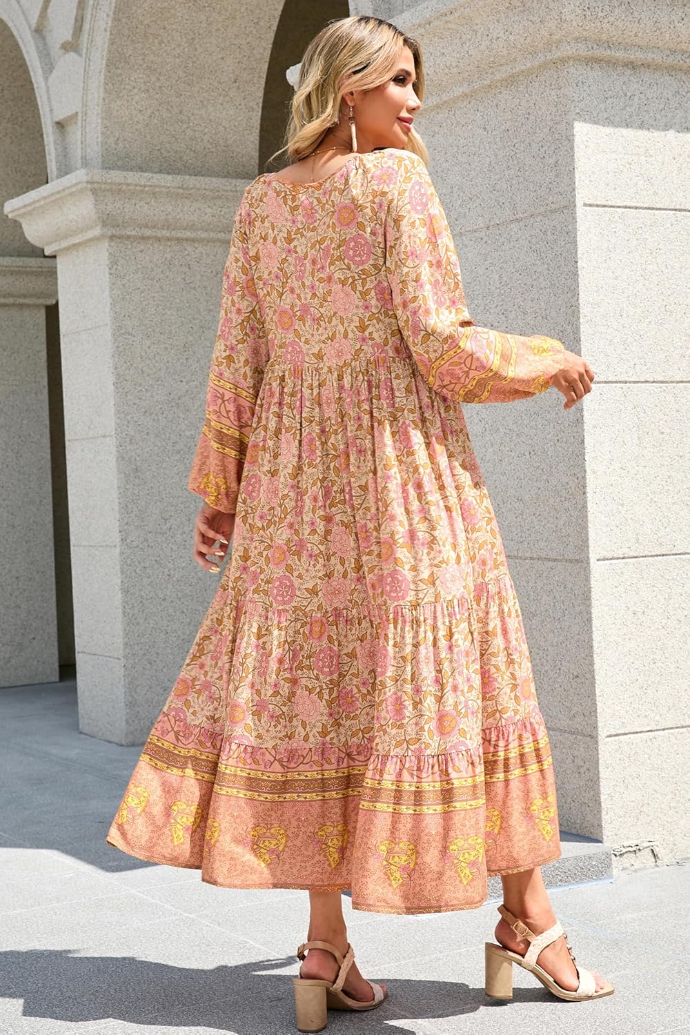 R.Vivimos Boho Maxi Dresses for Women 2026 Floral Print Long Sleeve Casual Button Up Loose Flowy Beach Long Dresses - Image 2