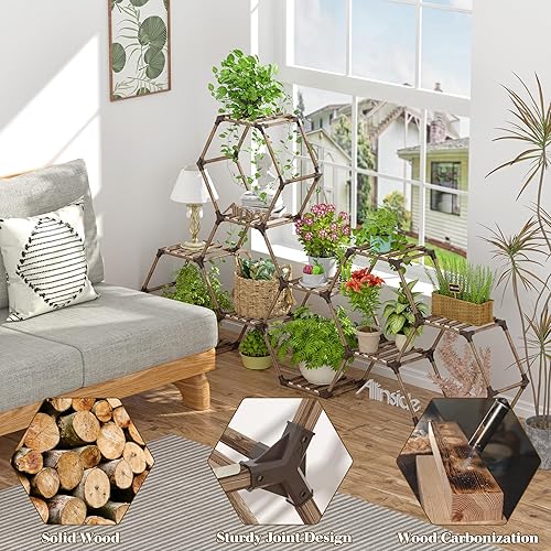 Miniatura 3 de Allinside Soporte hexagonal para plantas de interior, estante de madera para plantas al aire libre, 11 escaleras, soporte para plantas