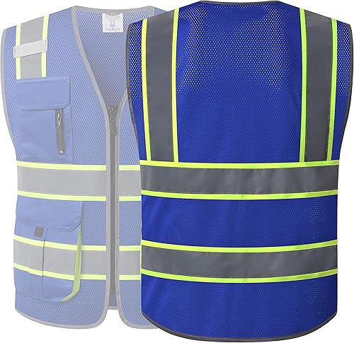 Miniatura 2 de JKSafety Chaleco de seguridad de malla de alta visibilidad con 9 bolsillos para hombre y mujer, chaleco reflectante de seguridad, cremallera