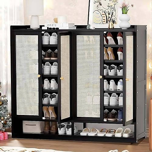 Zapatero de bambú con puerta, organizador de zapatos de 8 niveles, armario de almacenamiento de zapatos de entrada para 36-40 pares, organizador de