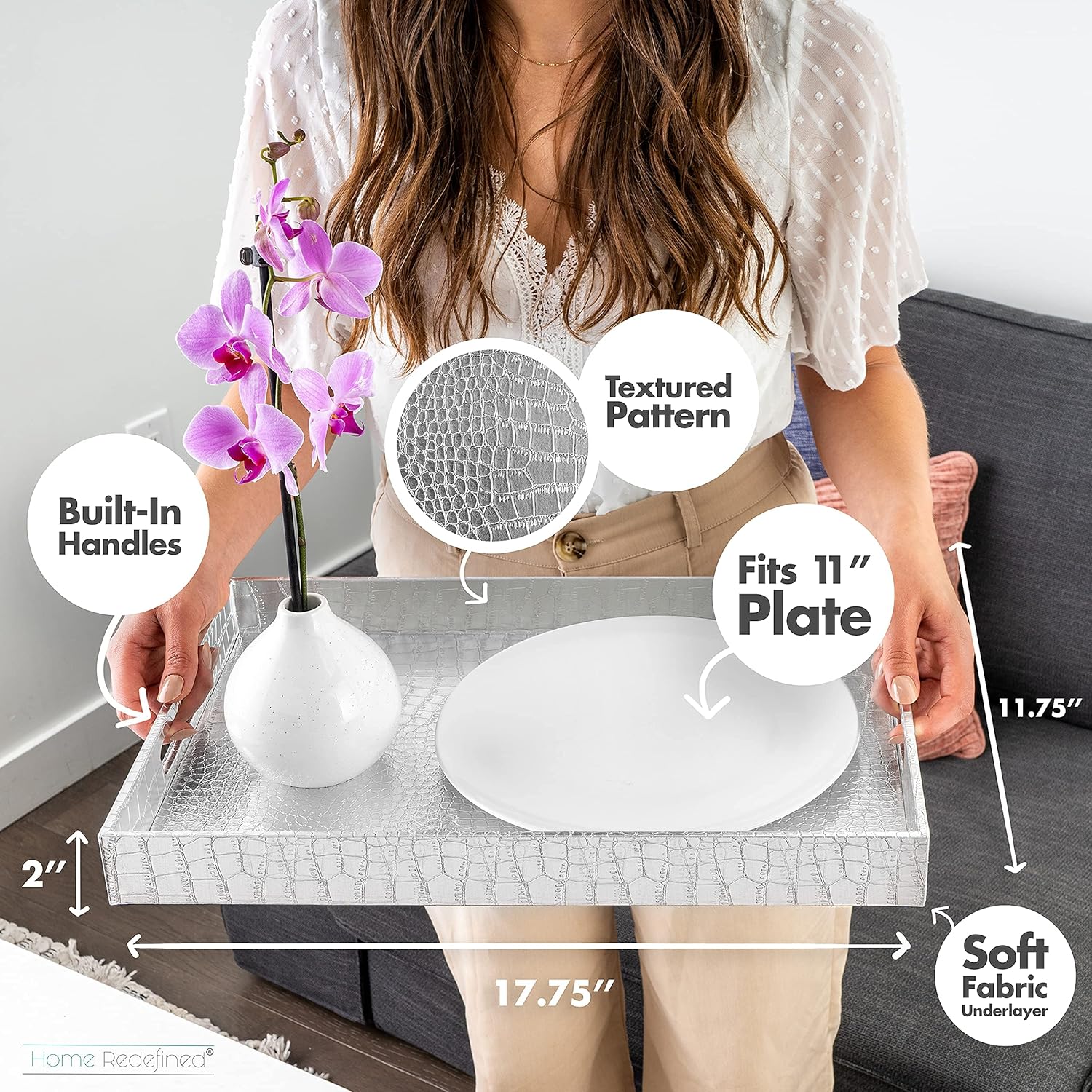 Exclusive Special Home Redefined 18”x12” Rectangle Alligator Faux Leather Decorative Serving Tray with Handles, Silver