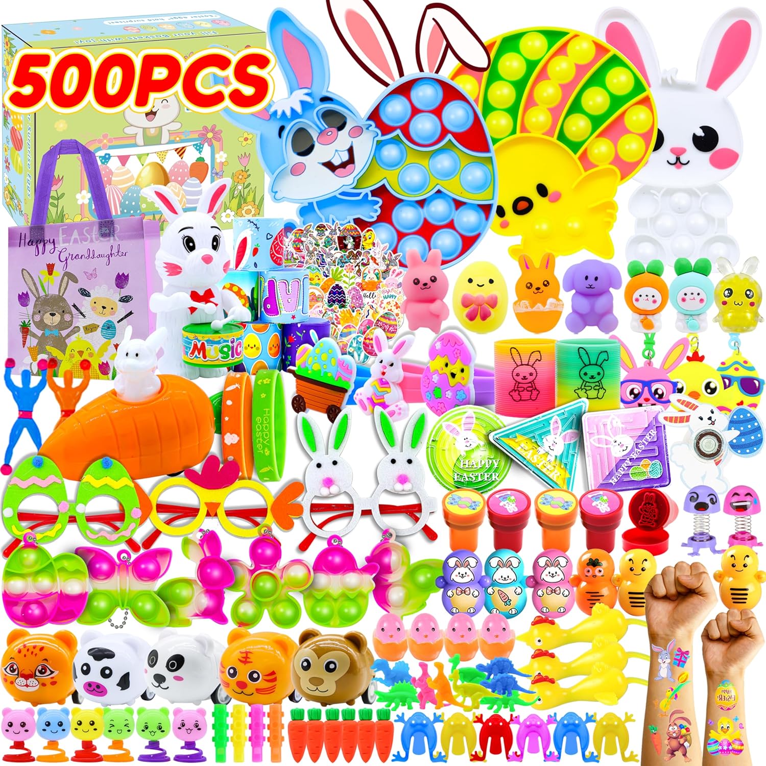 BicMan 500pcs Easter Basket Stuffers Bulk, Easter Egg Fillers for Kids, Fidget Toys Pack, Easter Party Favors, Goodie Bag Stuffers, Classroom Prize, Treasure Box