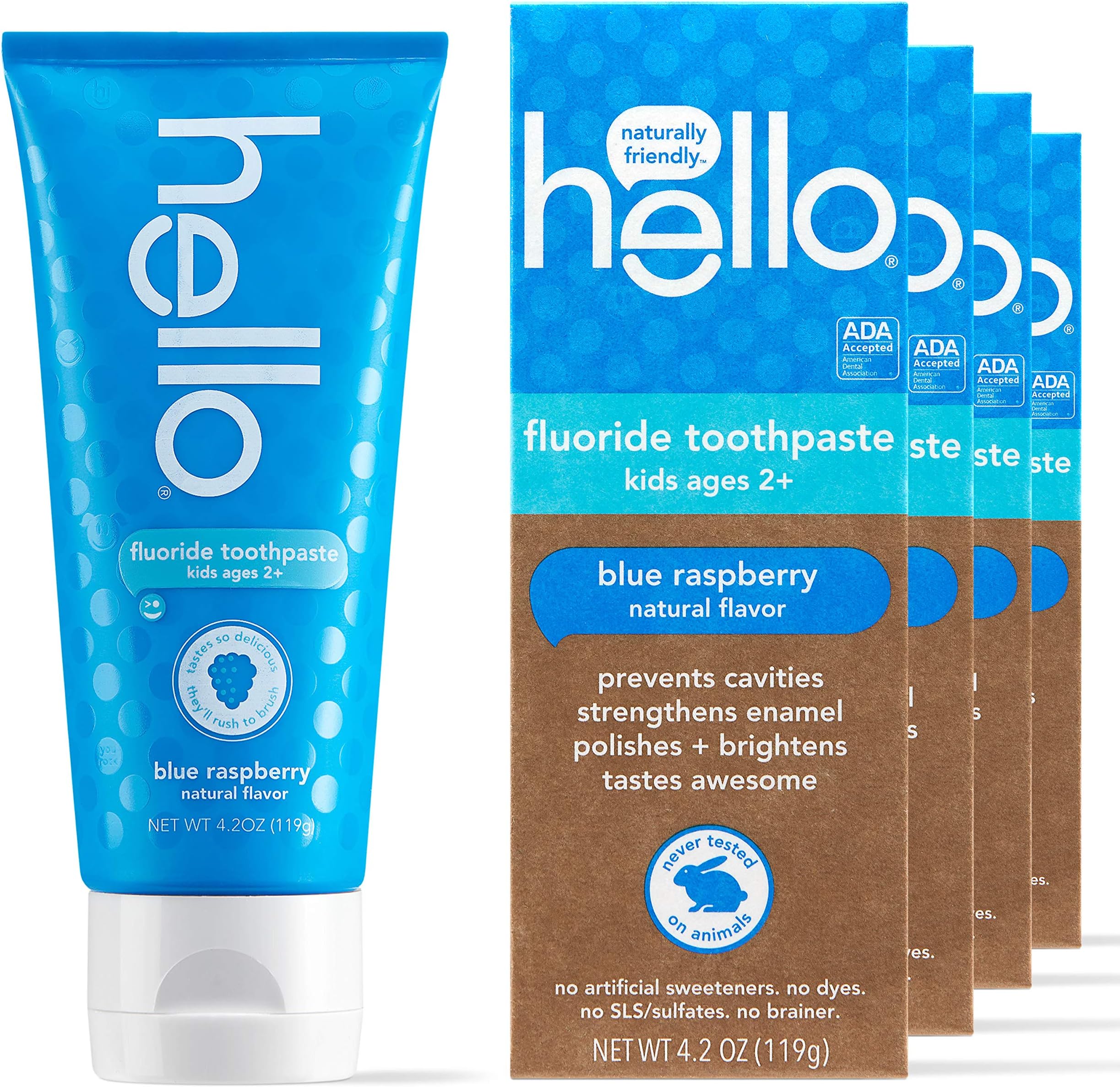 Hello Kids Blue Raspberry SLS Free Fluoride Toothpaste - for Children Age 2 and Up - 4.2 Ounce (Pack of 4)