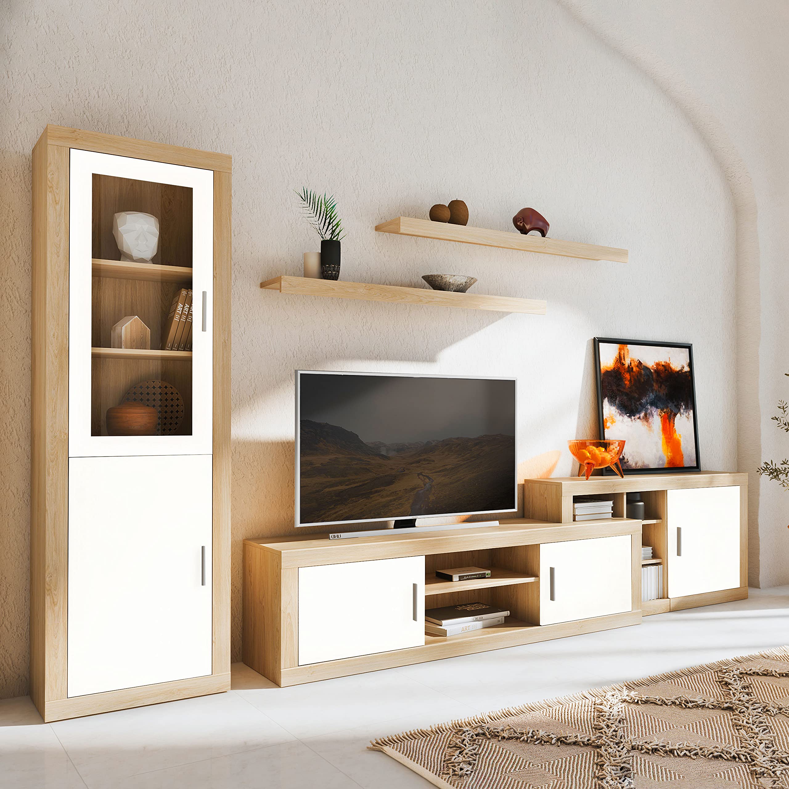 duehome | Salon Modular, Vitrina Reversible con 2 Puertas, Composicion Salon por Piezas, Modelo Nuka, Acabado en Cambria y Blanco, Medidas: 60 cm (Largo) x 193,2 cm (Alto) x 34,6 cm (Fondo)