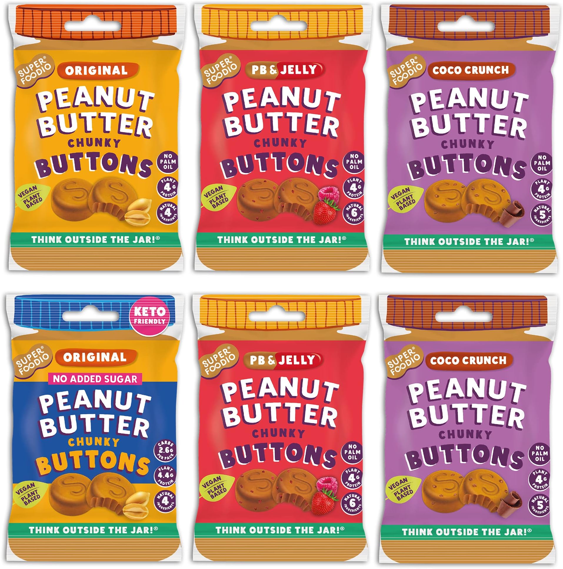 SUPERFOODIO Peanut Butter Buttons Variety Pack | Original, Coco Crunch, PB&J, Original+ | Vegan | Low Carb | All-Natural Ingredients | Protein | No Refined Sugar (20g x 6 Packs)