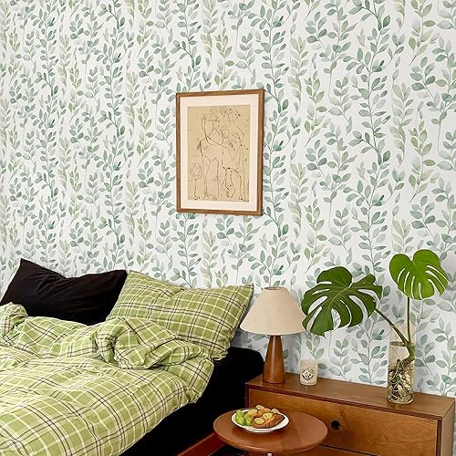 Miniatura 8 de MelunMer Papel tapiz de hojas para despegar y pegar, papel adhesivo verde bohemio para armarios, papel tapiz neutro para baño, autoadhesivo,