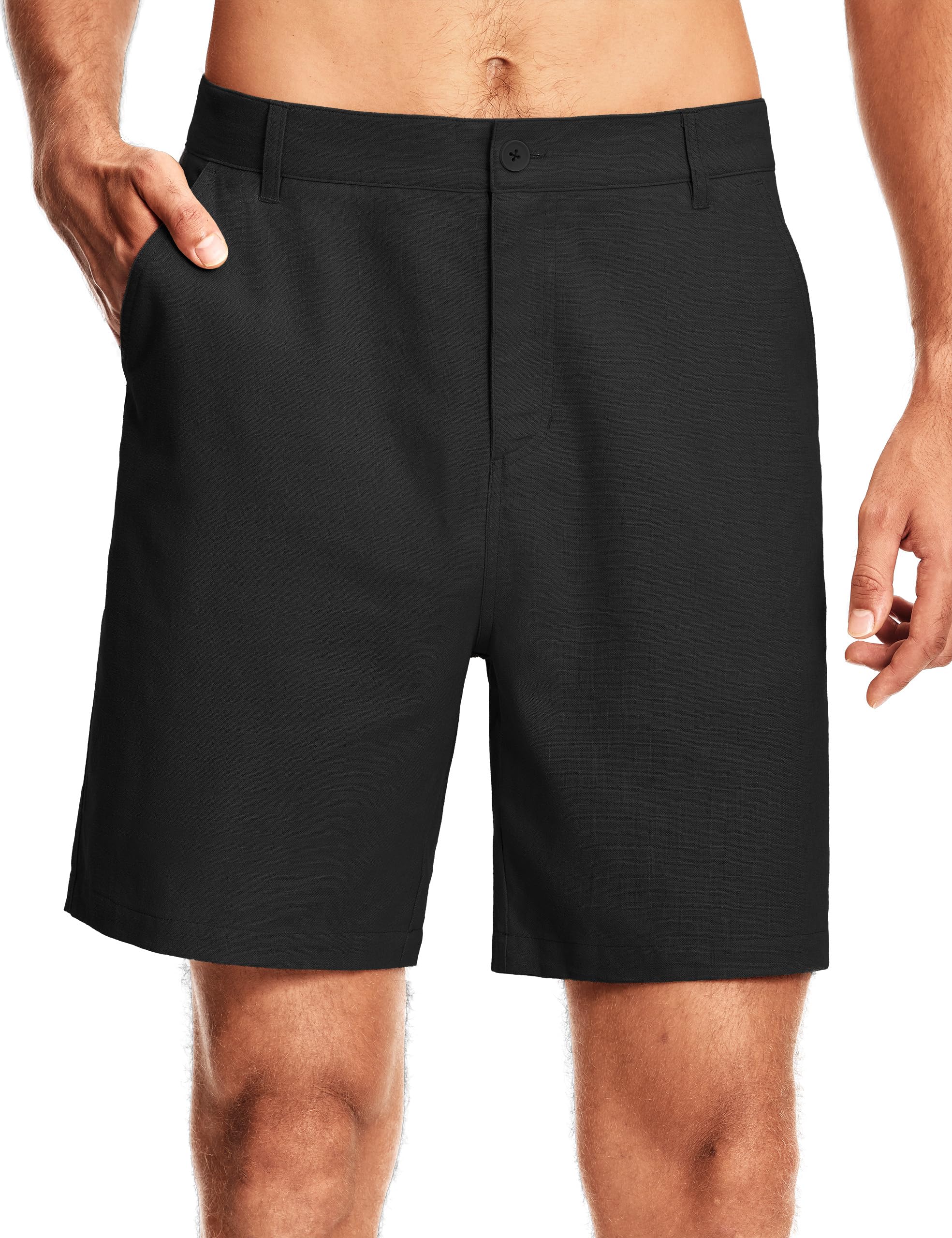 Photo 1 of ISEEGZ 7" Men's Linen Shorts Dress Casual Work Golf Cotton Linen Shorts for Men Flat Front with Pockets Belt Loop Black