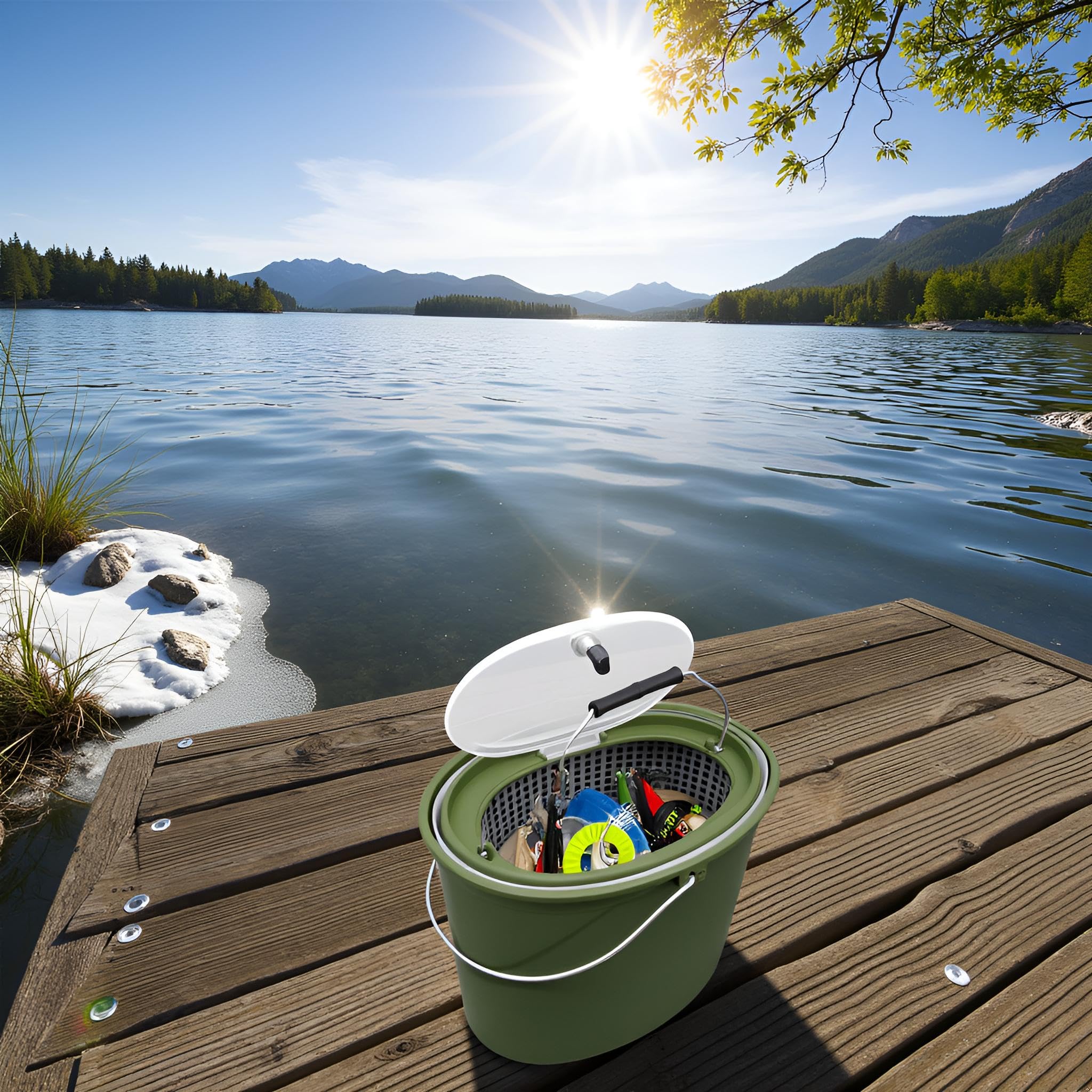 Alomejor Seau de pêche,2 en 1 avec passoire Amovible Seau Multifonction Double poignée aérations for pêcheurs en mer rivière Camping et Cuisine