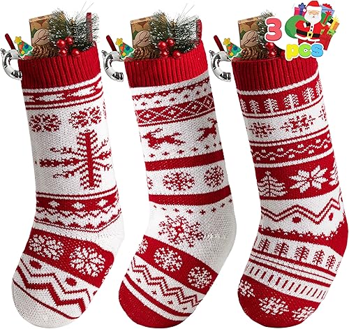 JOYIN Paquete de 3 medias de Navidad de punto de 18 pulgadas, medias de Navidad grandes de hilo rústico para decoraciones familiares de vacaciones