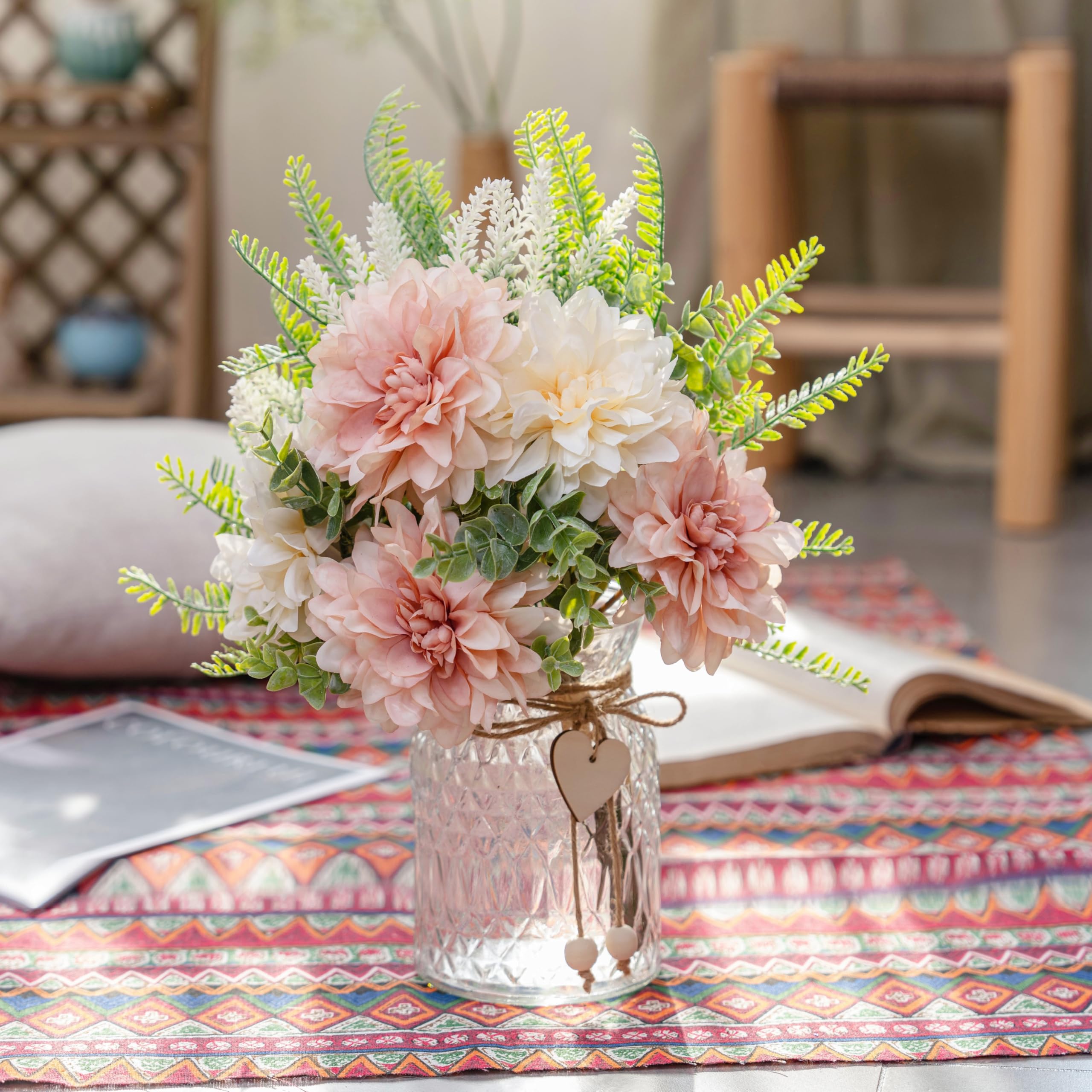 Yorkmills Fake Flowers with Vase,Pink Dahlias,Silk Artificial Flowers in Pot,Faux Flowers in Vase with a Flower Arrangement Holder - Image 4