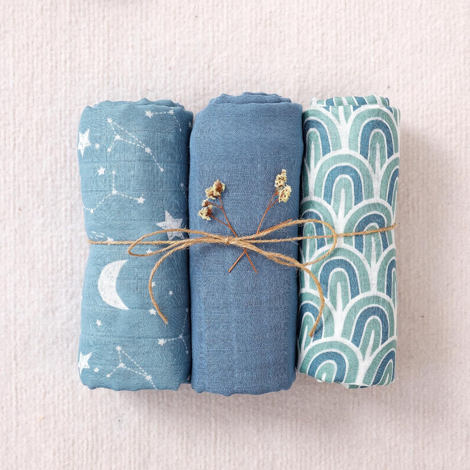 Happy Flute 3 Set Muslin Swaddle Blankets,Essential Baby&Newborn Swaddling,Perfect for Boys&Girls,Receiving Blankets,Nursing,Stroller Cover,Large 47.2x43.3 inches Swaddle Wrap Burping Clothes. (Blue)