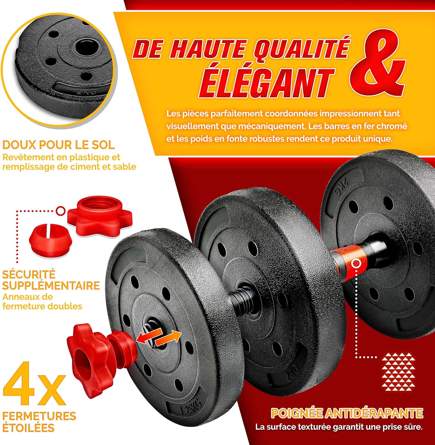 RE:SPORT Ensemble d’haltères 2 en 1 15-40 kg, réglables, haltères courts et longs, fermeture en étoile et tube de raccordement — vue 3