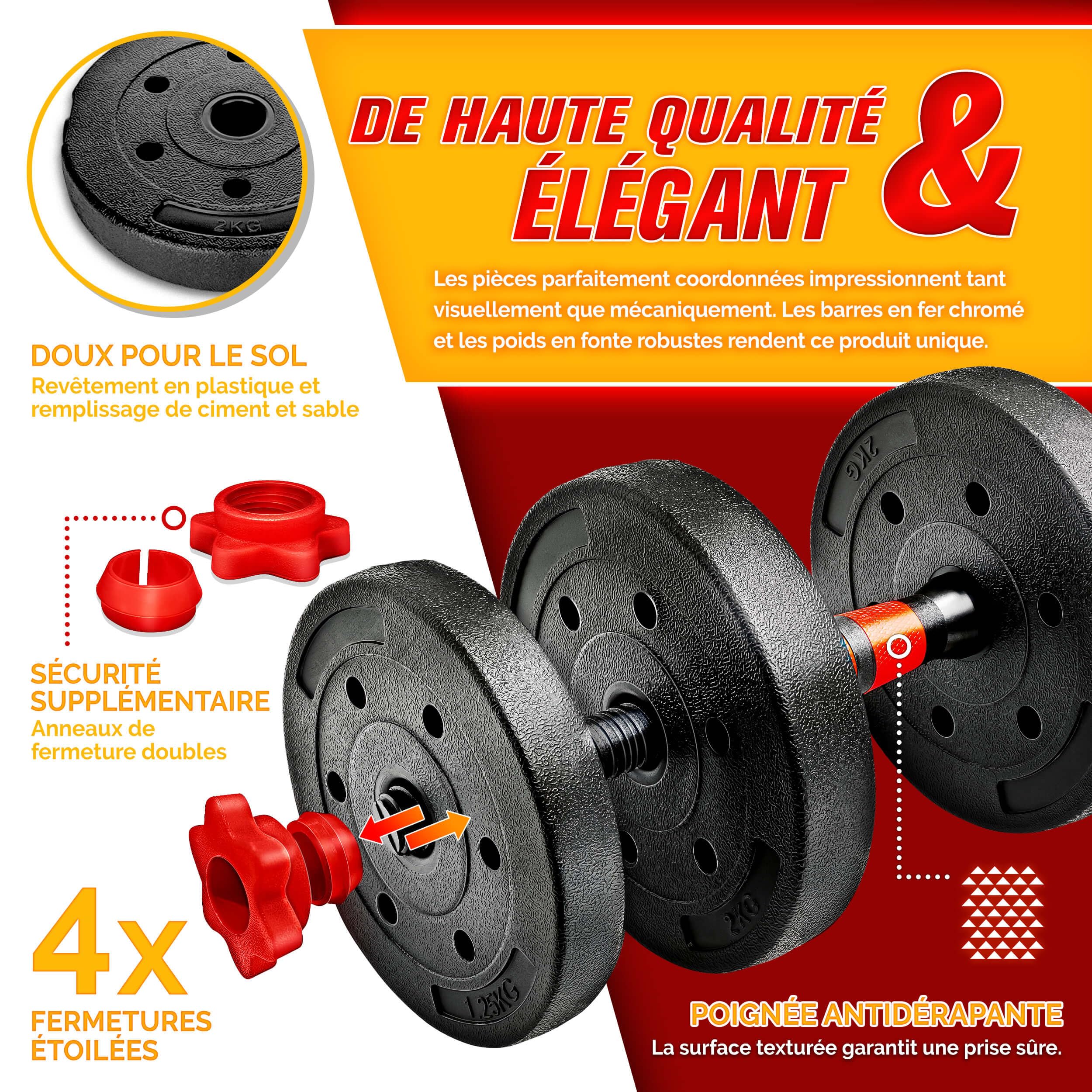 RE:SPORT Ensemble d’haltères 2 en 1 15-40 kg, réglables, haltères courts et longs, fermeture en étoile et tube de raccordement