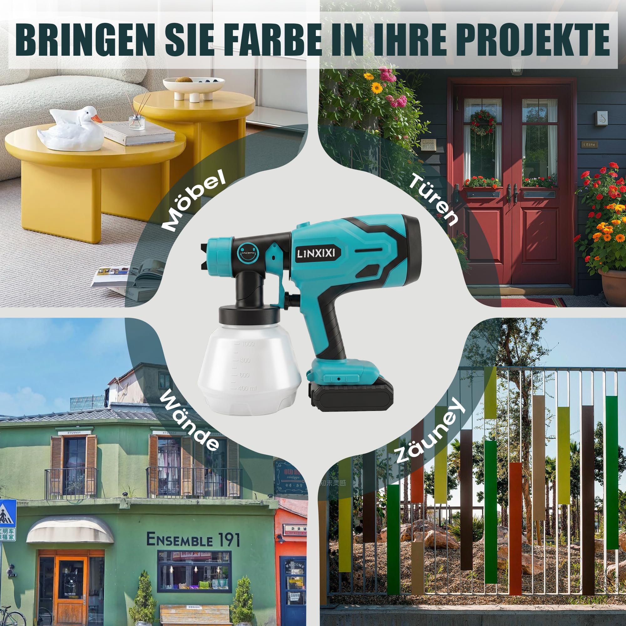 Akku Farbsprühsystem für Makita 18V Akku, Farbspritzpistole Kabellos | 1000ml Behälter | 4 Düsen & 3 Sprühmuster, Lackierpistole Spritzpistole für Wandfarbe, Möbel, Zäune, Gartenzaun(ohne Akku)