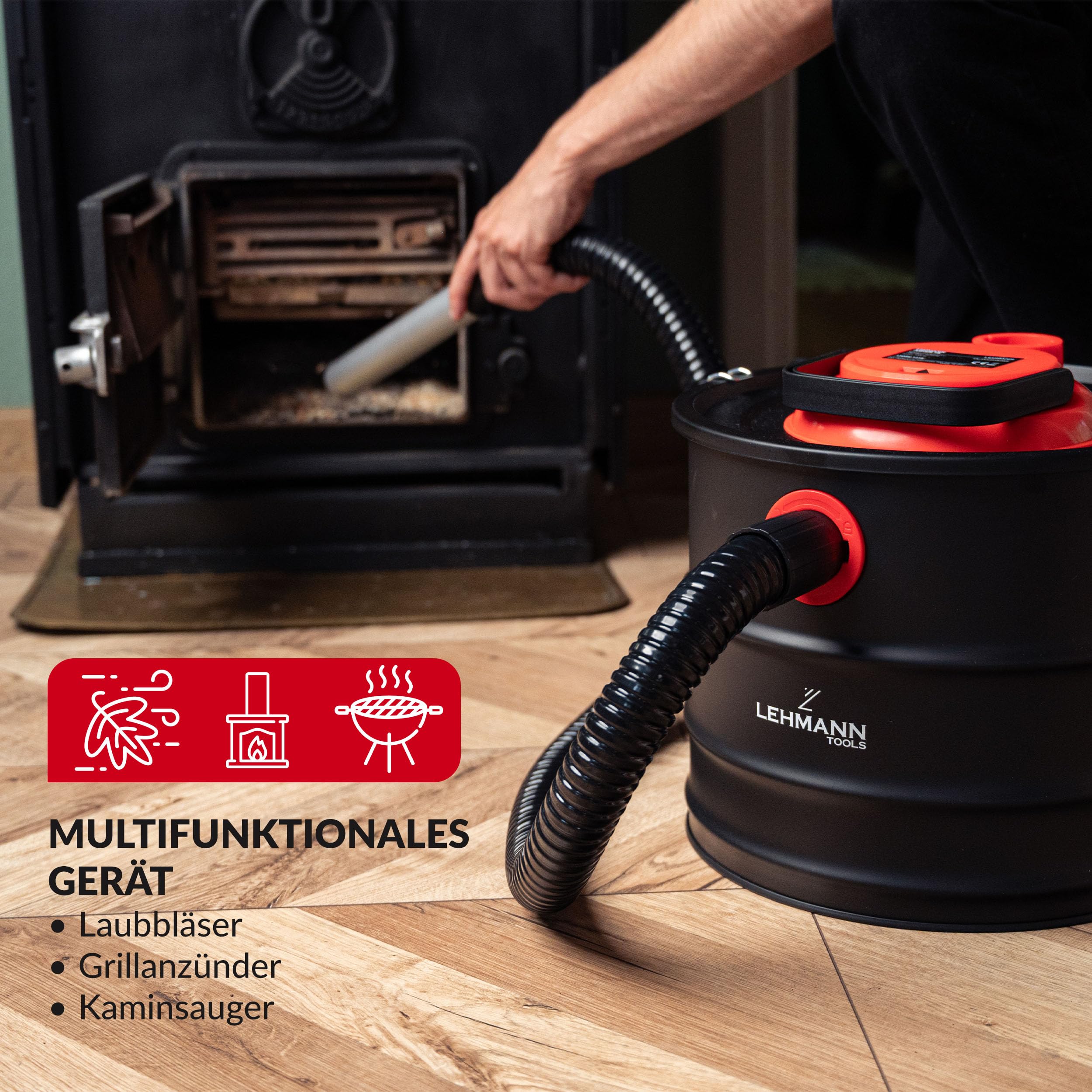 LEHMANN Aschesauger 15L - Kaminsauger für hohe Temperaturen - robustem Metalltank - Waschbar HEPA-Filter im Metallgehäuse - Blasfunktion - Aschestaubsauger ideal für Kamin, Pelletofen und Grill
