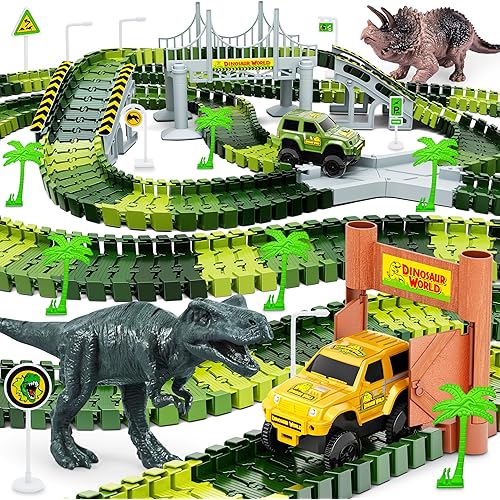 Dinosaur Tracks, 271 PCS Create A Dinosaur World Road Race for Kids Boys Toys Flexible Train Tracks Set with 2 Cool Race Cars and 2 Dinosaur Toys for Age 3 4 5 6 7 8 Year & Up Old Boy Girls Best Gift