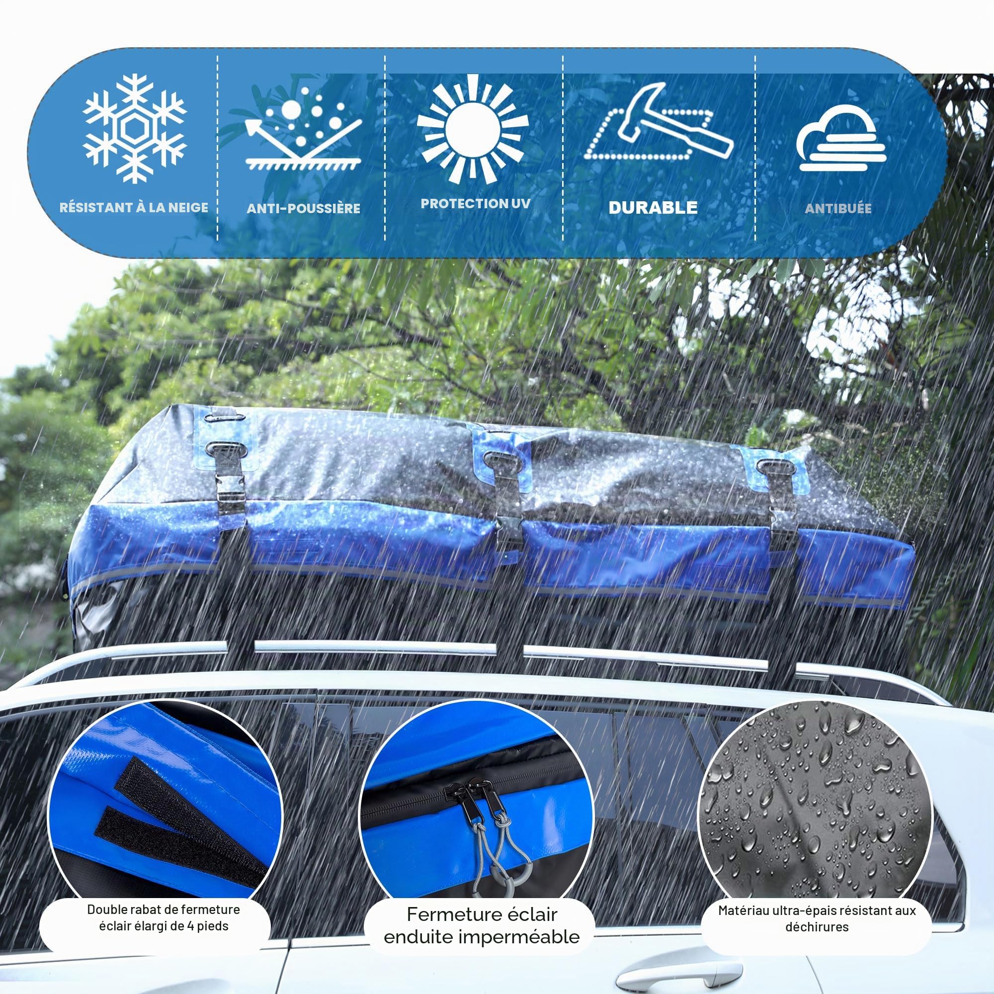 Coffre de Toit Voiture, 1132L Grand Sac de Toit Imperméable avec 2 Sangles à Cliquet 10 Sangles Renforcées 6 Crochets de Porte pour SUV Van avec/sans Barres de Toit, Bleu