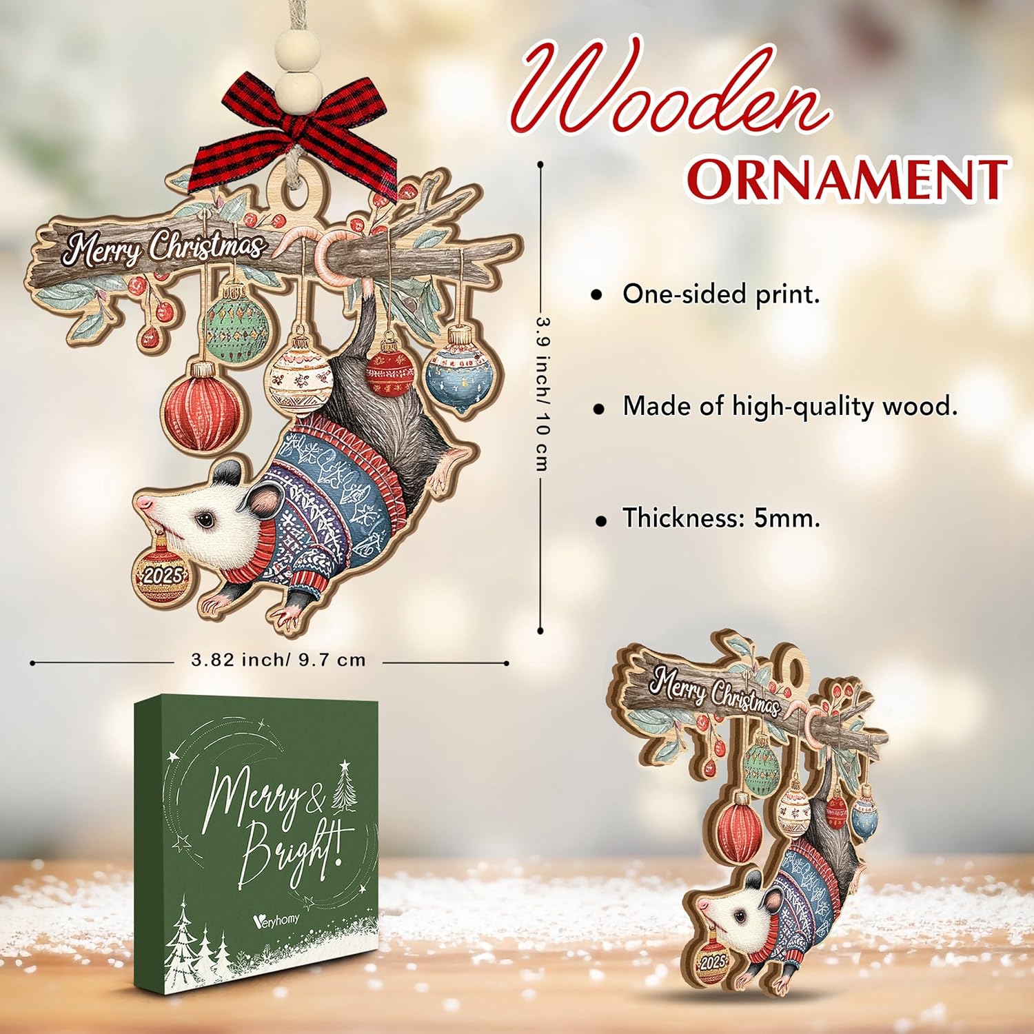 Opossum Christmas Ornament 2025 – Funny Opossum Gifts for Women, Men, Family, Friends – Wooden Ornaments for Tree Decorations, Animal Lovers Gift Ideas, Possum Rearview Car Mirror Hanging Accessories - Image 2