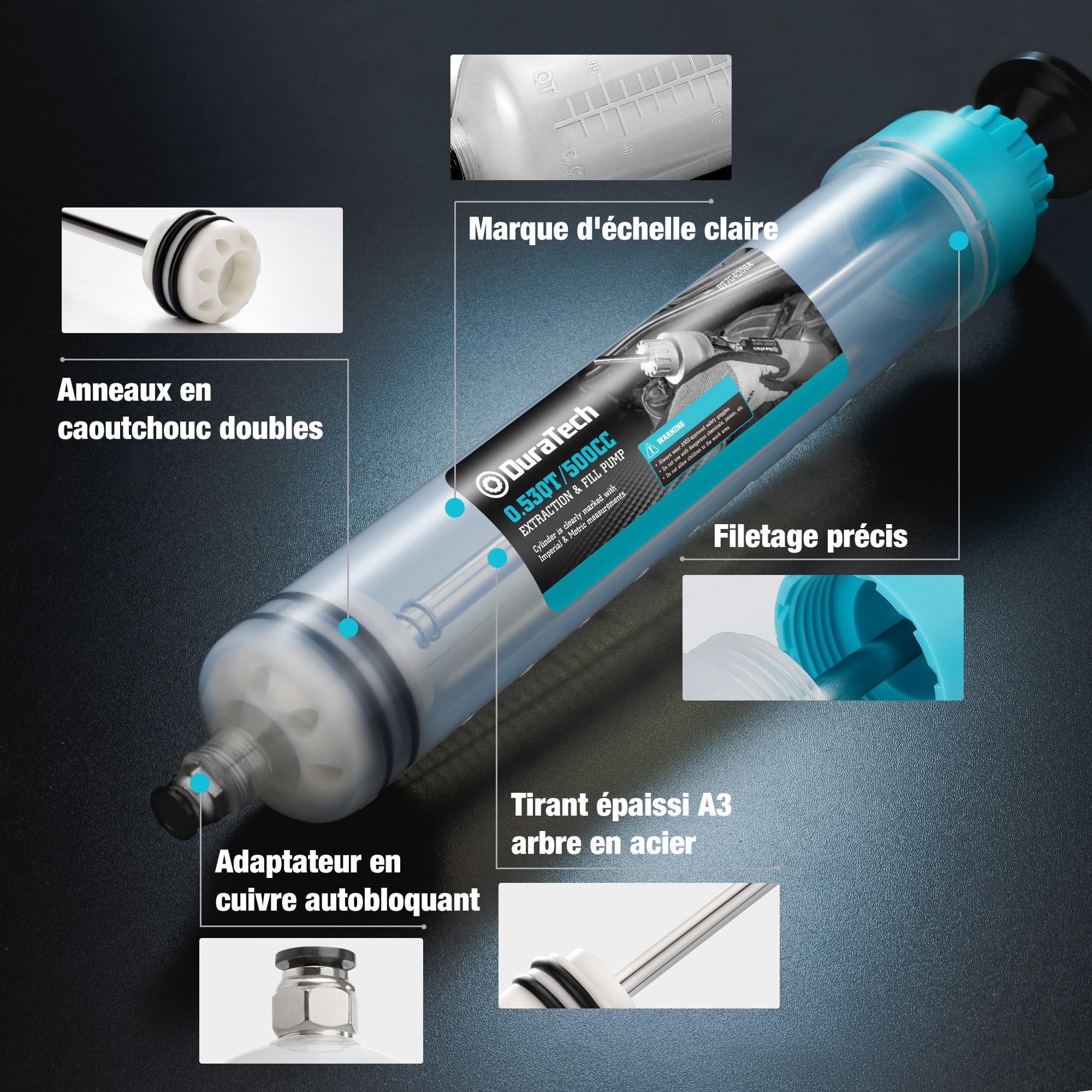 DURATECH Seringue a Huile 500ml, Extraction d'Huile Moteur, Seringue a Huile Boite Vitesse avec Tube Extension, Aspiration et Remplissage Manuels de Carburant et Liquide