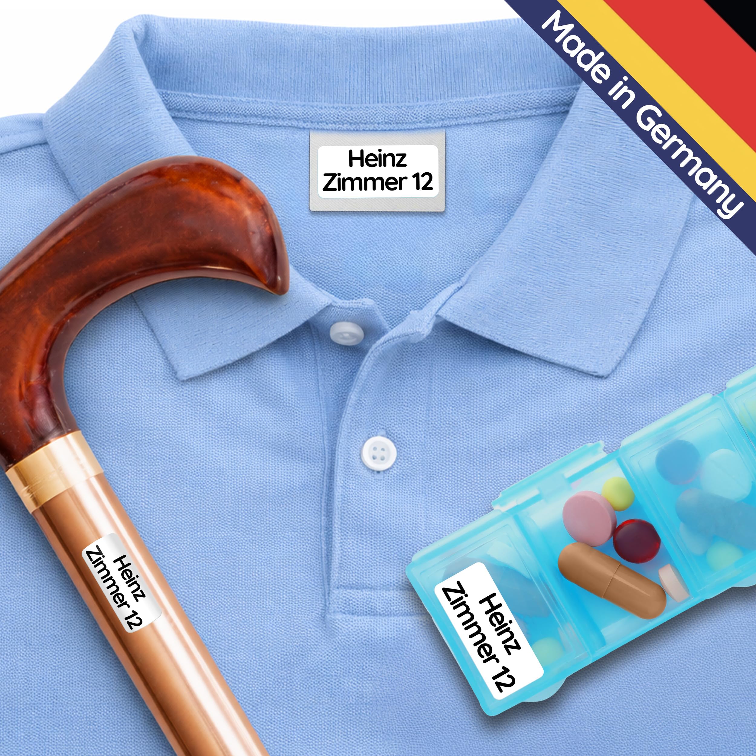 Wäscheetiketten für Pflegeheime & Altenheime (60 Stück, Weiß) - Namensschilder für Kleidung und Gegenstände sind waschmaschinenfest, Personalisiert zum Aufkleben