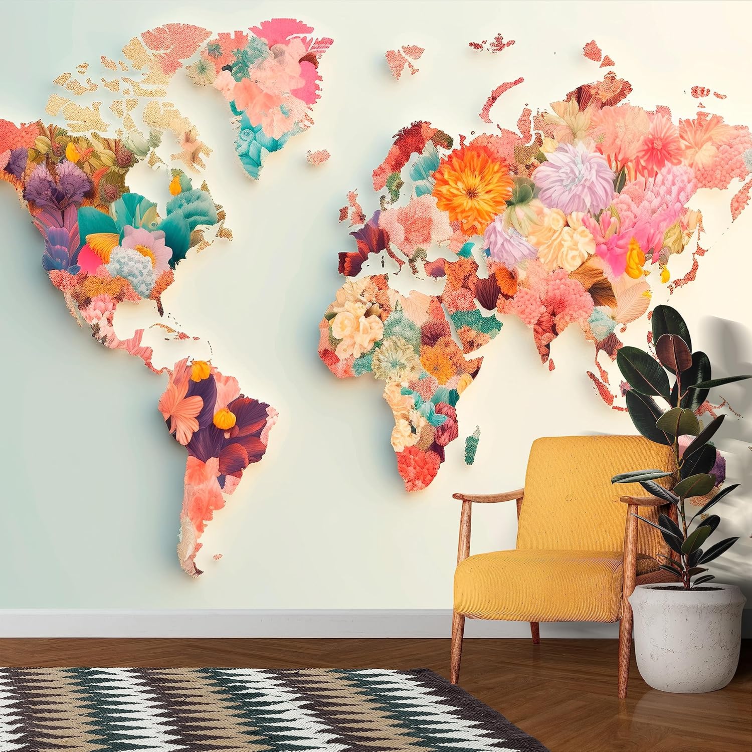 Mapa del mundo con flores de primavera, papel tapiz extraíble de países y océanos, decoración mural para el hogar y la oficina, despegar y pegar,