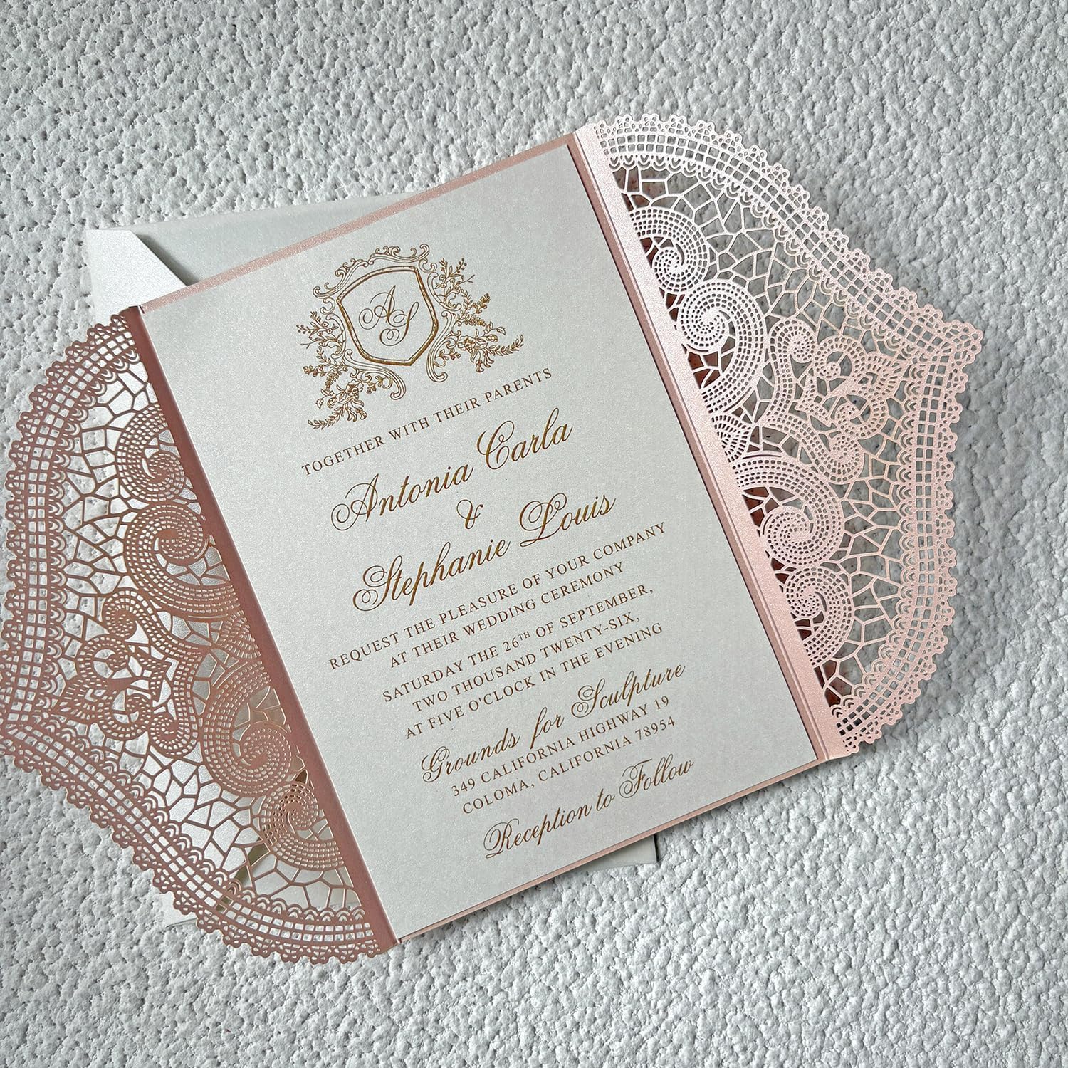 Laser Cut Wedding Invitations with Envelopes, Blush Lace monogram Invtation cards, Elegant Wedding Invites Set, light Pink Cover (25pcs Invitation)